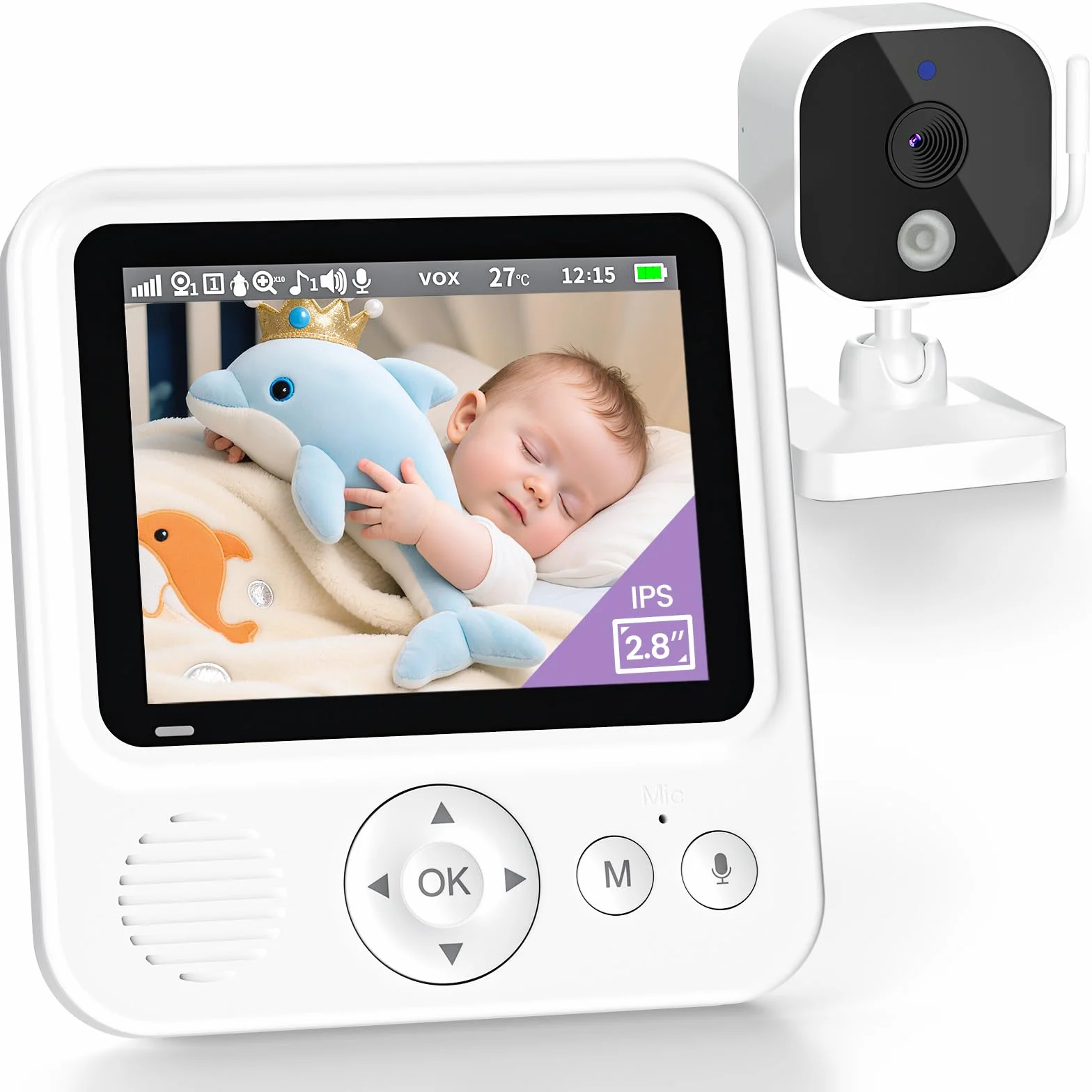 OBVHNUA Babyphone z kamerą 2,8 cala, monitorem dla niemowląt 720P HD, 2000 mAh, monitoringiem wideo, ekranem IPS, USB-C, zoomem 2,4 GHz, noktowizorem, komunikacją VOX