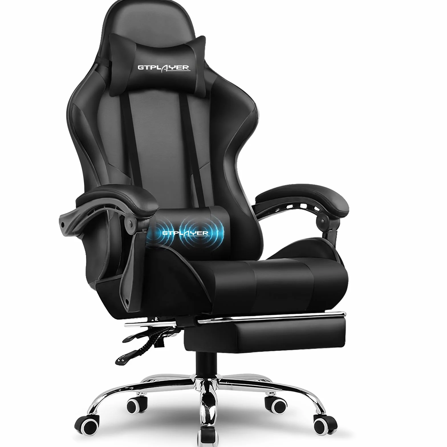 GTPLAYER Krzesło gamingowe, ergonomiczne krzesło biurowe, fotel gamingowy z podparciem okolic masażu, krzesła zadaniowe z podnóżkiem i zagłówkiem, kolor czarny, sztuczna skóra