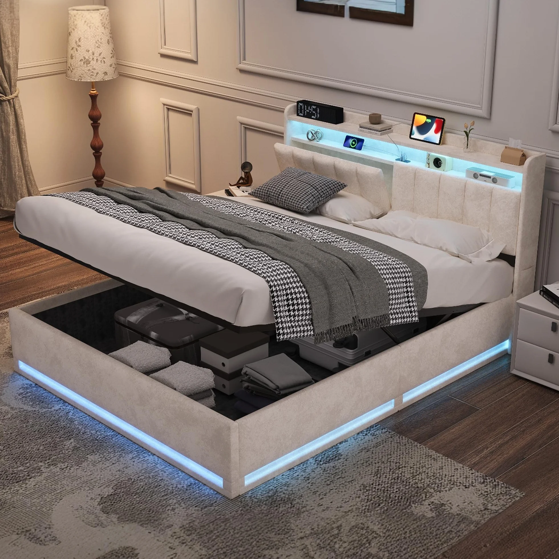Łóżko tapicerowane z miejscem do przechowywania, 140 x 200 cm, podwójne łóżko z oświetleniem USB i LED, hydrauliczne łóżko do przechowywania, rama łóżka ze stelażem i skrzynią na pościel