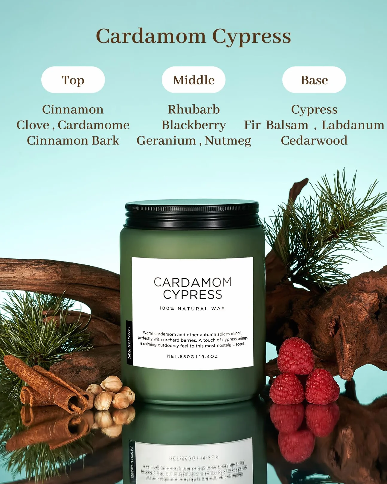 M&SENSE Kardamon & Cyprys Świeca zapachowa w szkle 2-knotowa 550g Świeca z wosku sojowego 110 godz. czasu palenia czysta nietoksyczna świeca jesienna do wystroju wnętrz CardamomCypress