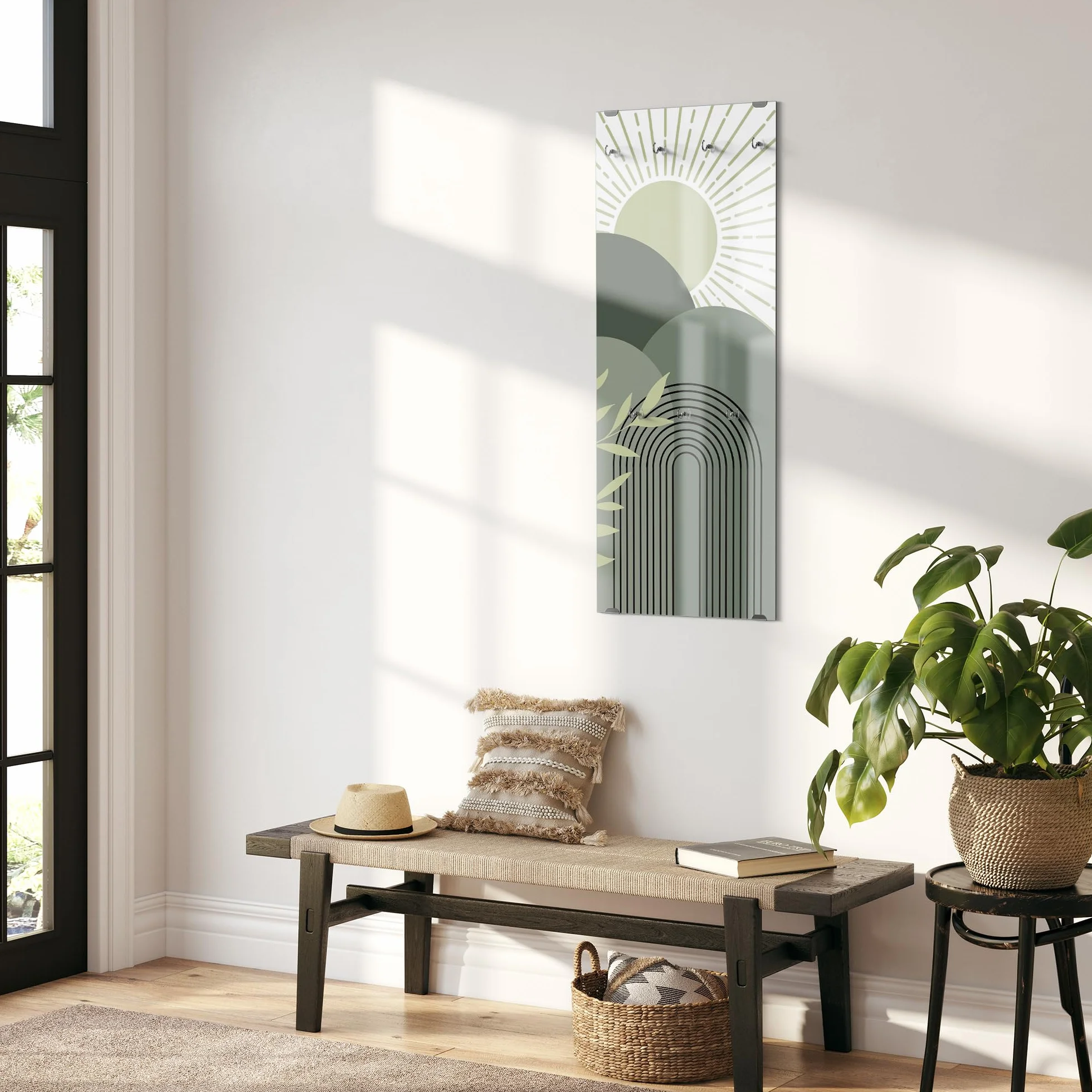 DEQORI Wieszak na ubrania ze szkła z nadrukiem motywu, wzór pionowy, 50 x 125 cm, motyw gry światła natury, szkło bezpieczne ESG z 7 haczykami – możliwość zapisywania i łatwe w montażu – łatwe w