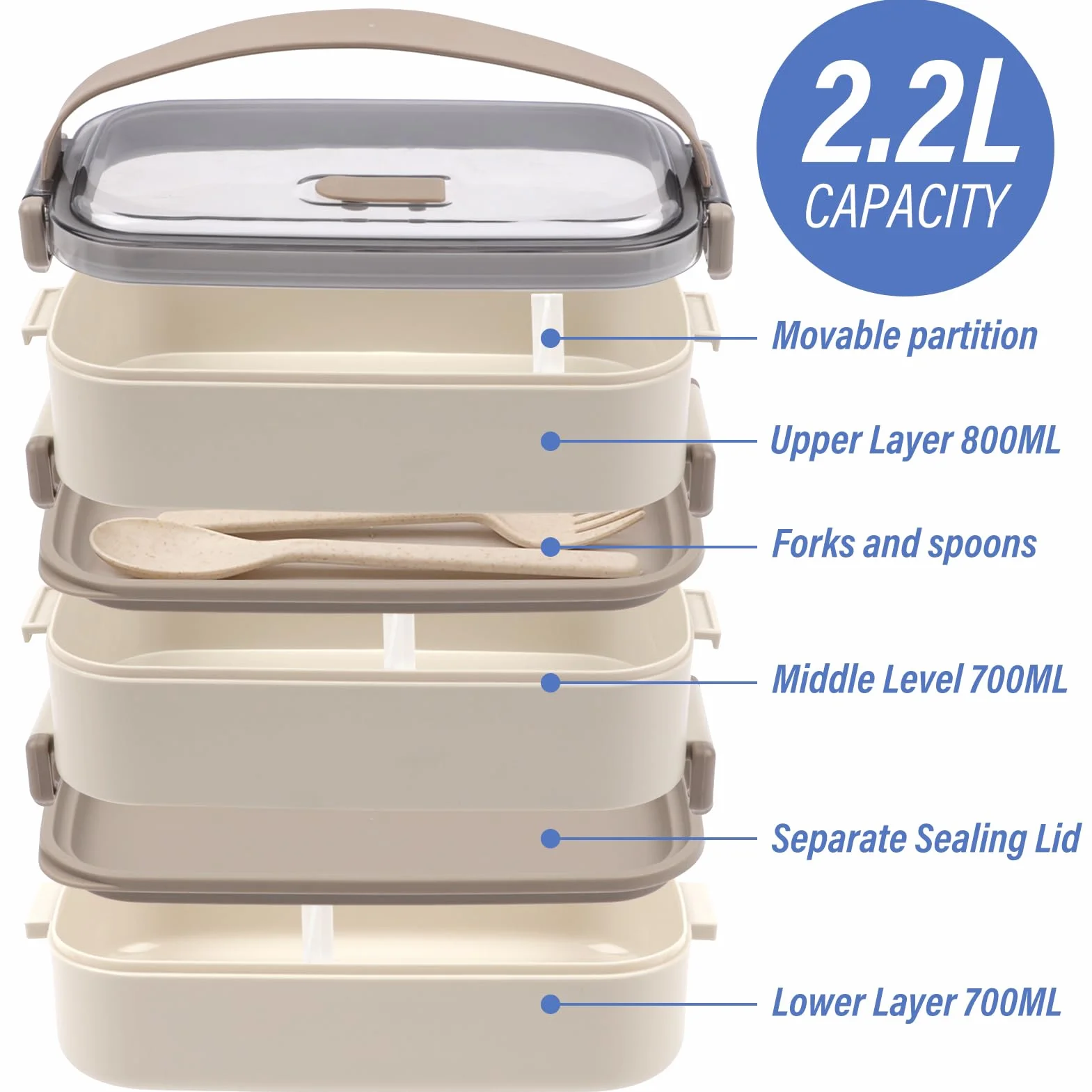 Pudełko na lunch premium 3-warstwowe pudełko na lunch Bento dla dorosłych do pracy, pudełko na lunch 2200 ml, ze sztućcami i 3 przegródkami, regulowane, szczelne, nie zawiera BPA, można używać