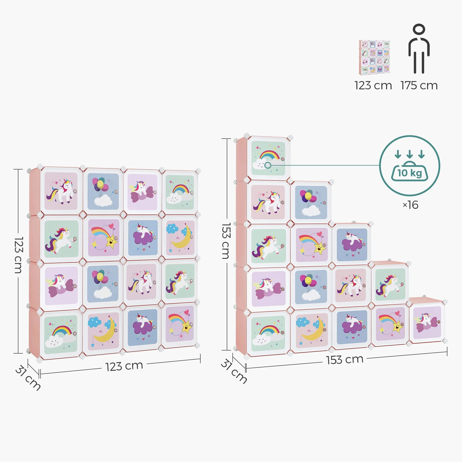 SONGMICS LPC906P01 System regałowy z 16 kostkami, szafa do przechowywania dla dzieci, szafa na ubrania i buty z drzwiami, z tworzywa sztucznego, regał wtykowy, uniwersalny, 123 x 31 x 123 cm, różowy