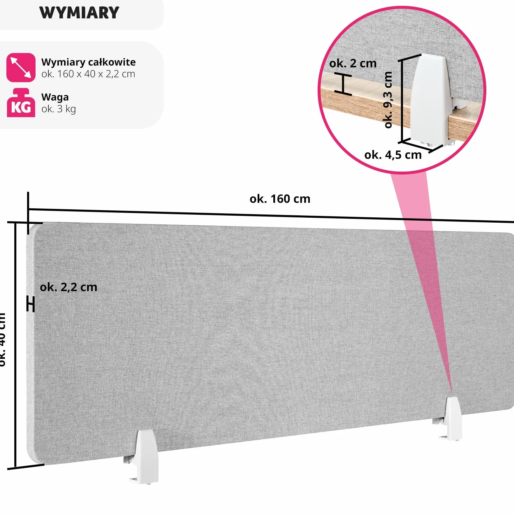 tectake® Panel Dźwiękochłonny na Biurko, Izolacja Akustyczna, Łatwy Montaż bez Wiercenia 160 x 40 cm (Szary)