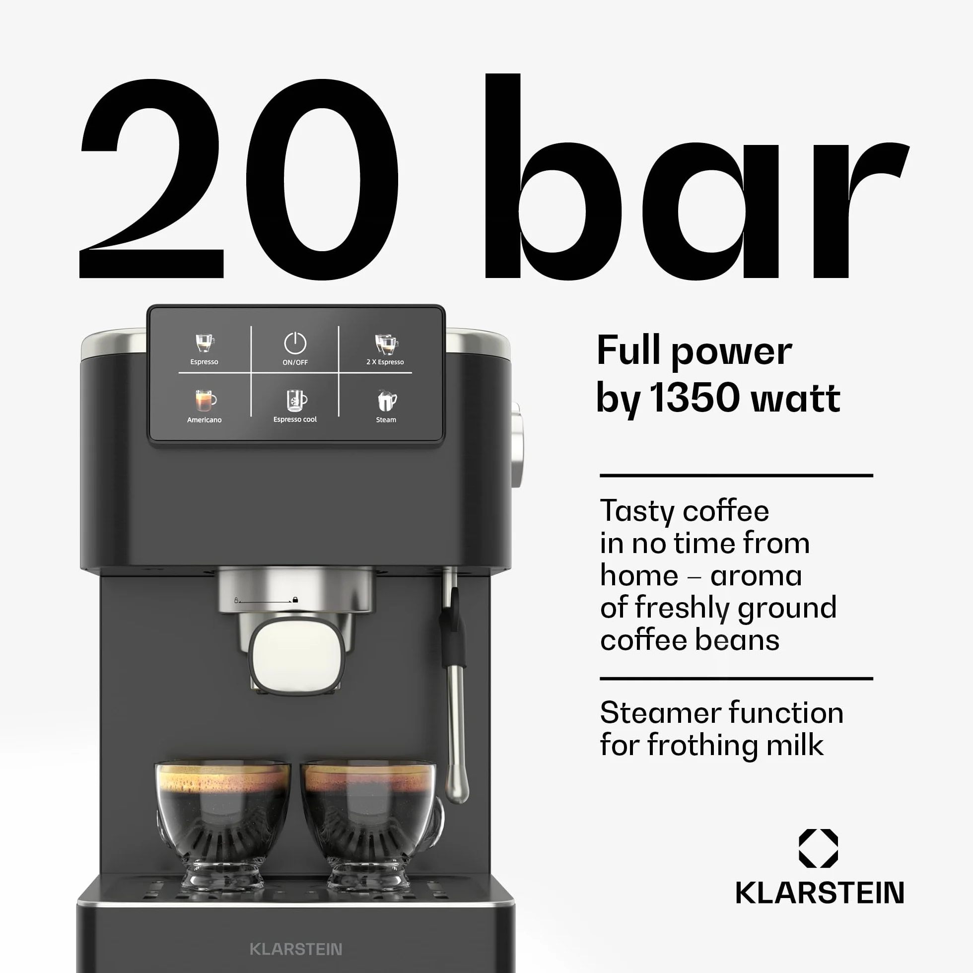 Klarstein SteelPresso Touch Ekspres kolbowy – 20 barów, 1350 W, Stal nierdzewna, Zbiornik 1,5 l, Wyświetlacz dotykowy, Zintegrowany spieniacz do mleka, Kompaktowy design, Ekspres do kawy
