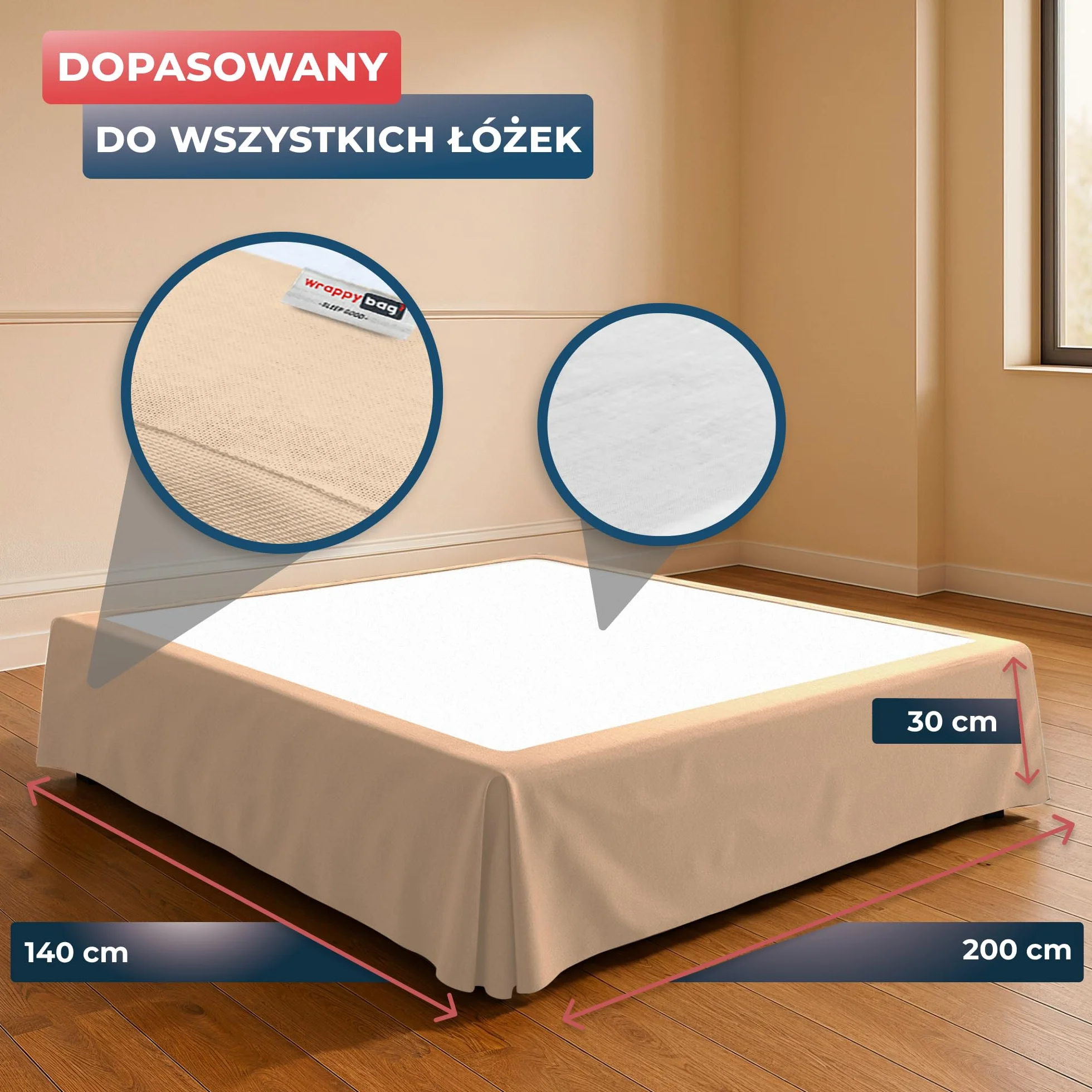 Wrappybag Falbana na Łóżko Pokrowiec na Stelaż 140 x 200 cm Długi do Samej Podłogi Kolor Bezowy