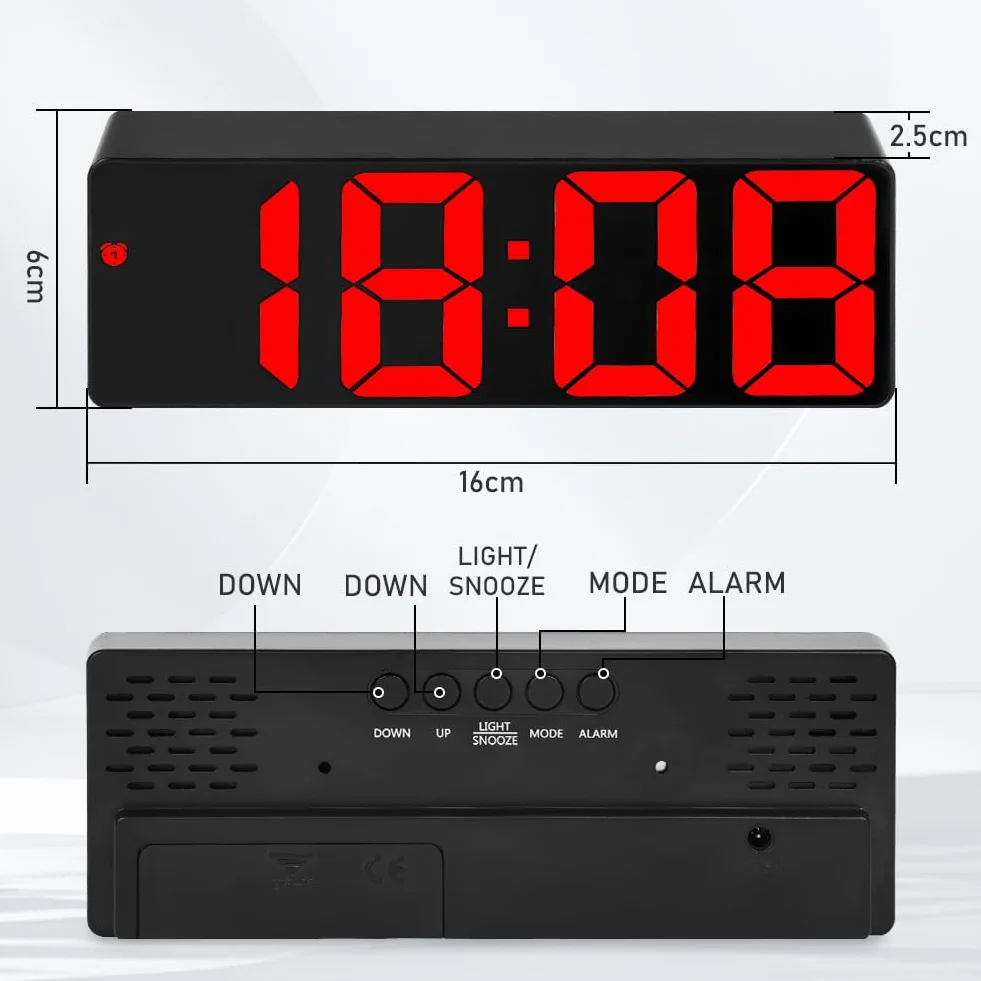 Flintronic Cyfrowy budzik, zegar LED z dużym wyświetlaczem, budzik nocny, zegar zasilany baterią, budziki z drzemką, temperatura, data, jasność regulowana dla domu, biura