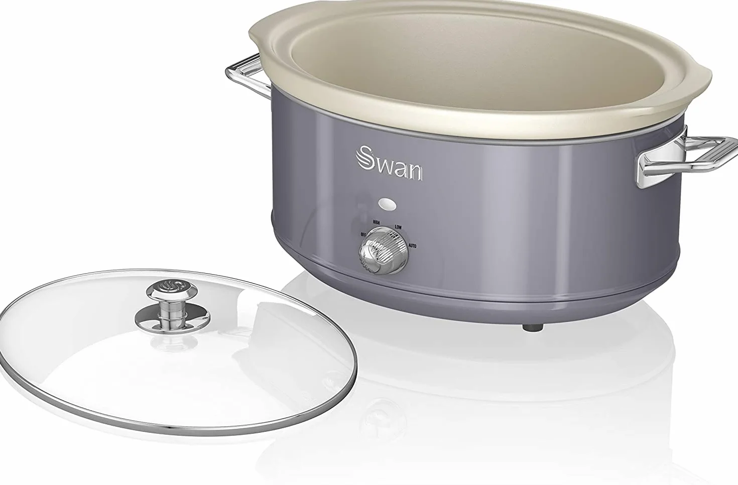 Swan Retro SF17031GRNEU wolnowar, 6,5 litra wyjmowany pojemnik kuchenny, powolny kucharz, nieprzywierająca ceramika bez PFOA i PTFE, 3 poziomy temperatury, design vintage, szary, 320 W