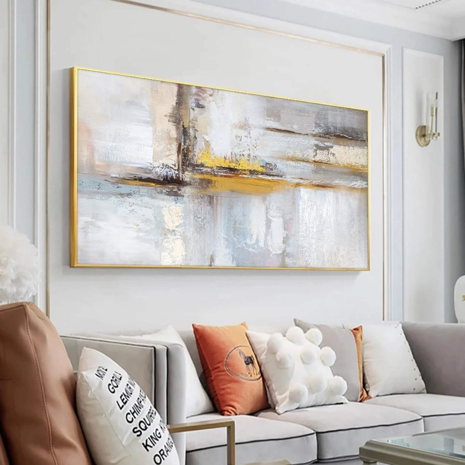 Abstrakcyjny obraz olejny ze złotą folią na płótnie 80 x 140 cm sztuka ścienna do salonu
