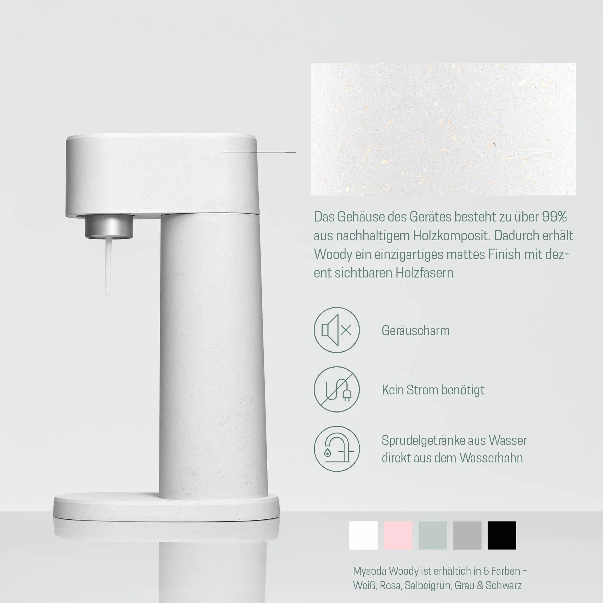 Mysoda: Woody zestaw saturatora z odnawialnego kompozytu drewnianego, z plastikową butelką Quick-Lock 1 l, bez BPA i cylindrem CO2, różowy