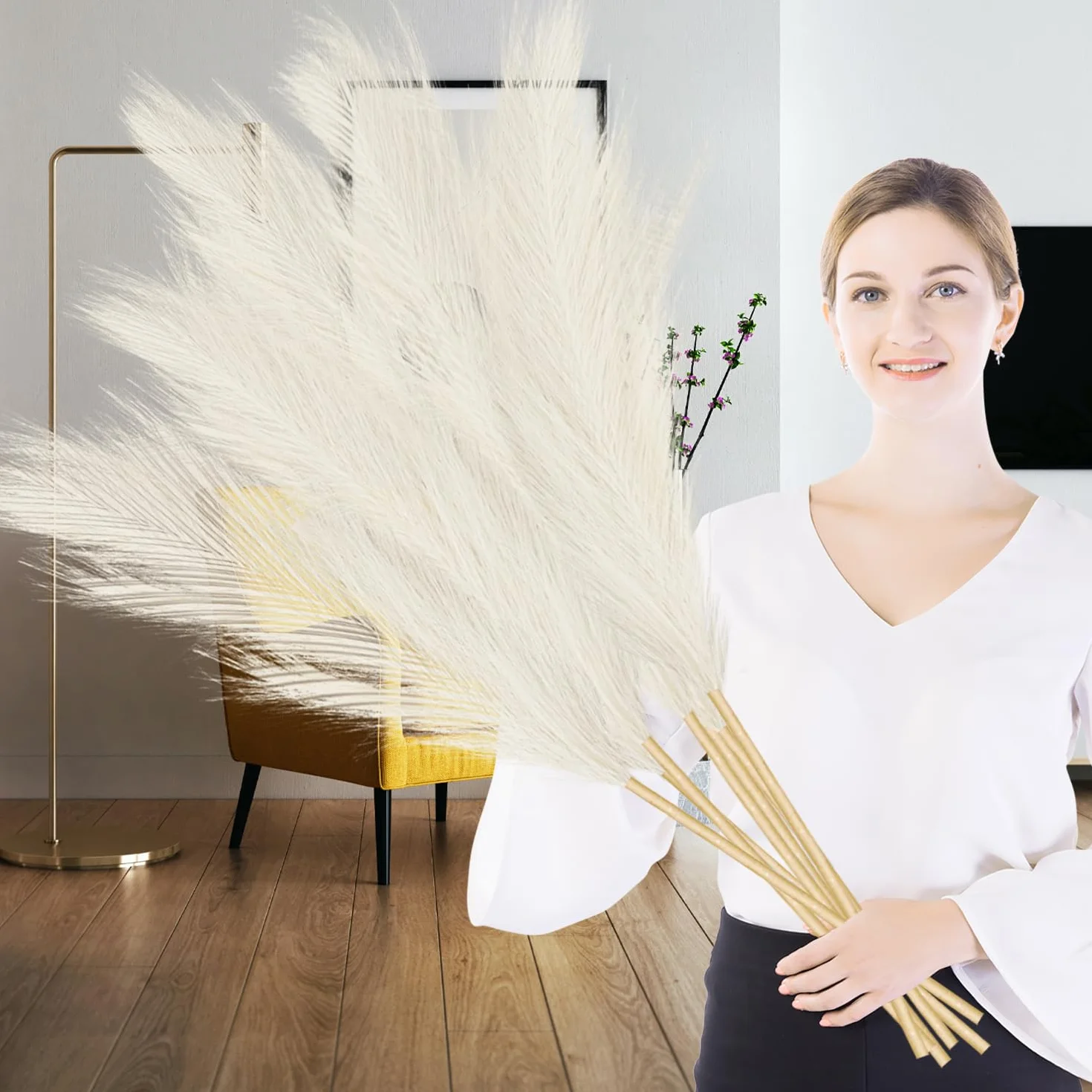 Sztuczna trawa pampasowa, 110 cm, duża, wysoka, puszysta sztuczna trawa pampasowa, na ślub, do salonu, sypialni, boho, dekoracja domu, beżowa, 6 szt
