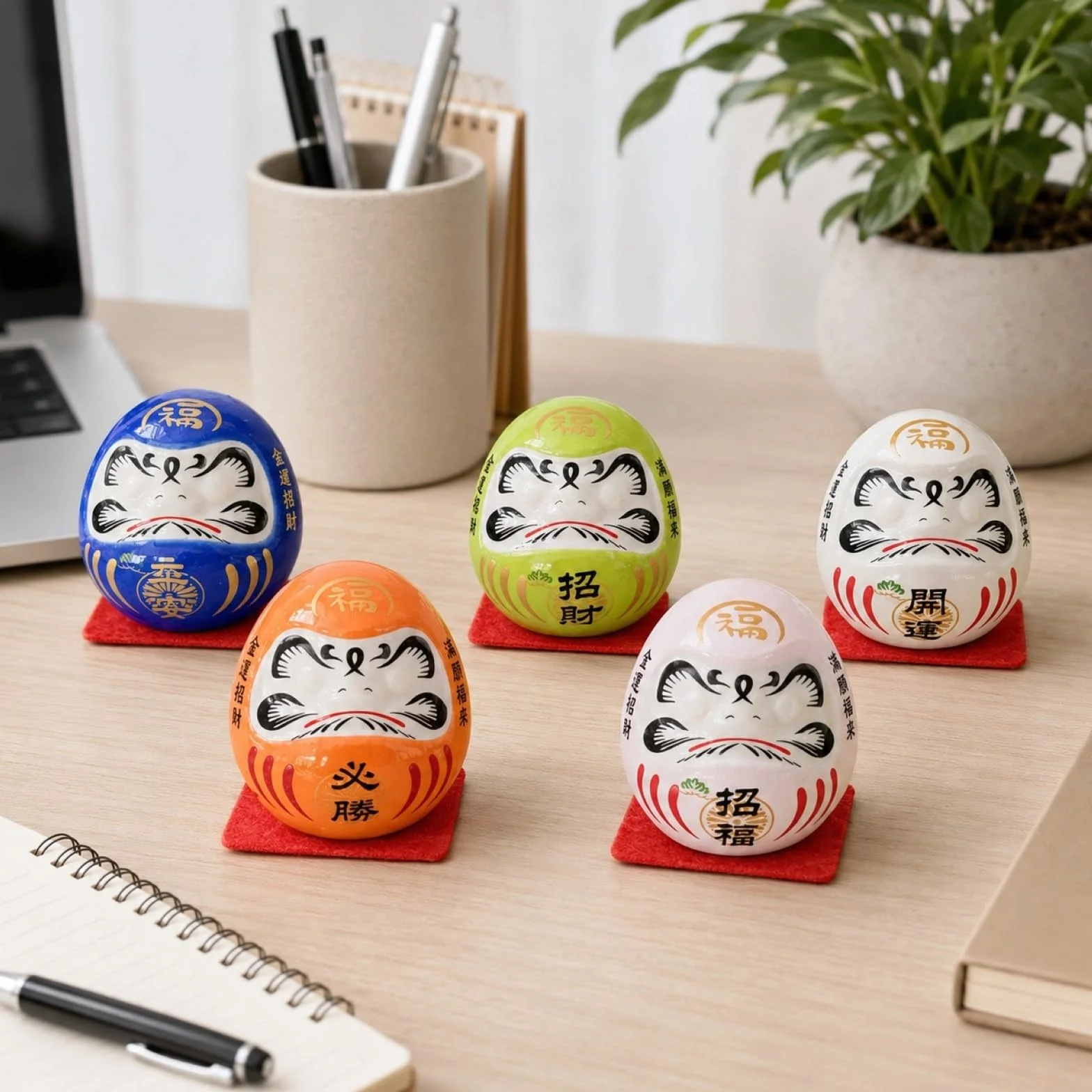 LOGOFUN 5 szt. mała figurka Daruma japońska lalka Daruma zestaw ceramiczna statuetka szczęścia Daruma do wnętrz domu samochodu dekoracja biurka - bez oczu 4,5 cm