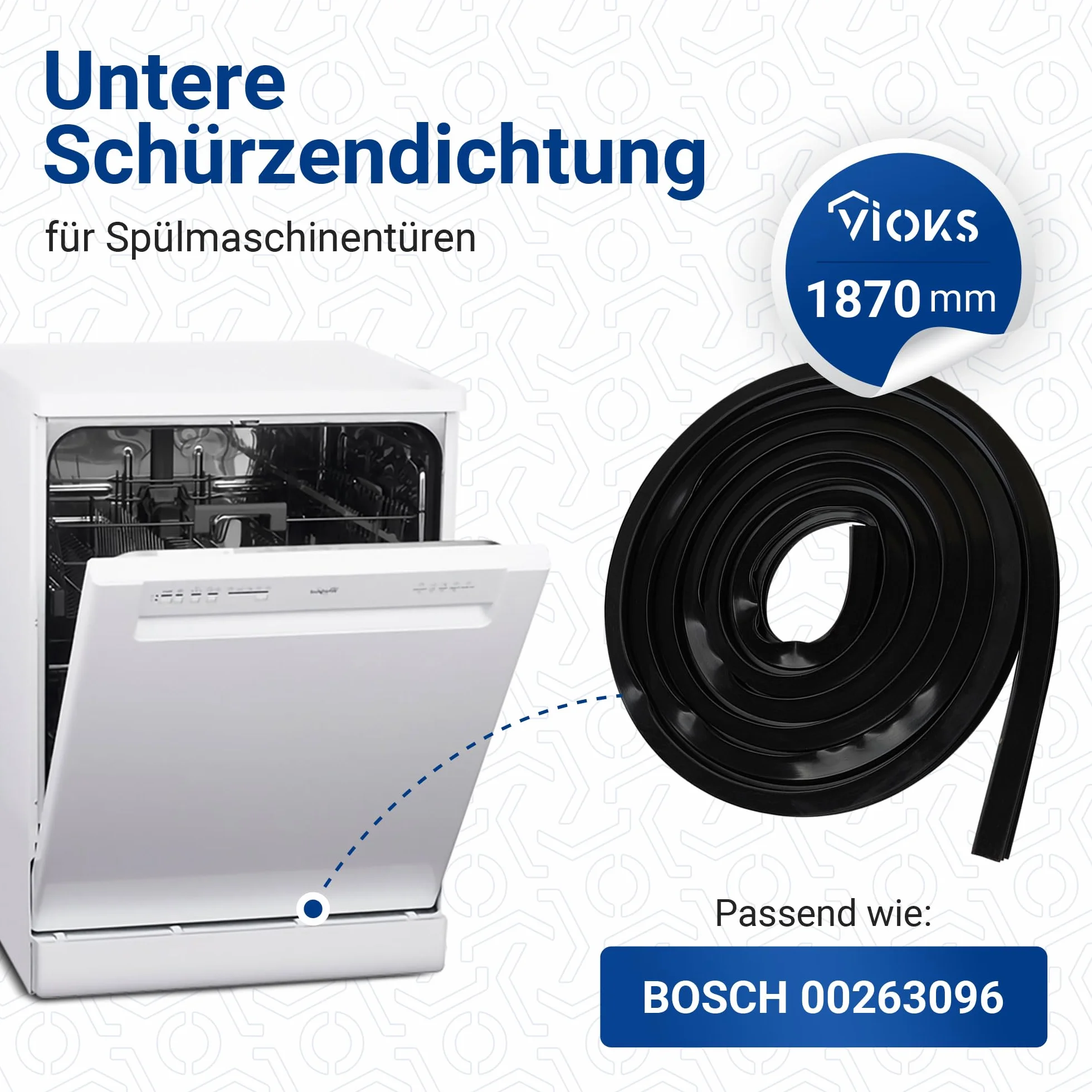 VIOKS Uszczelka drzwi zmywarki 1,87 m zamiennik dla Bosch Siemens 00263096 263096 - Uszczelka gumowa 3-stronna do zmywarki Avantixx Extraklasse Logixx Classixx Maxx Silence iQ100 iQ300