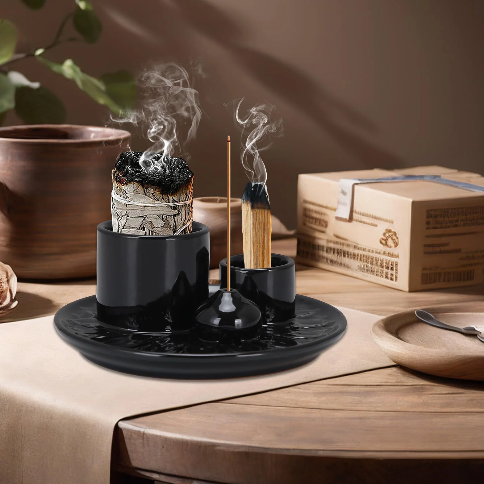 Uchwyt na kadzidełka ceramiczny czarny 4 w 1 miska do wędzenia Palo Santo uchwyt | Z uchwytem na kadzidełka, ceramiczne naczynie kadzidłowe, szałwia, kadzidełka, kadzidełka, joga, medytacja