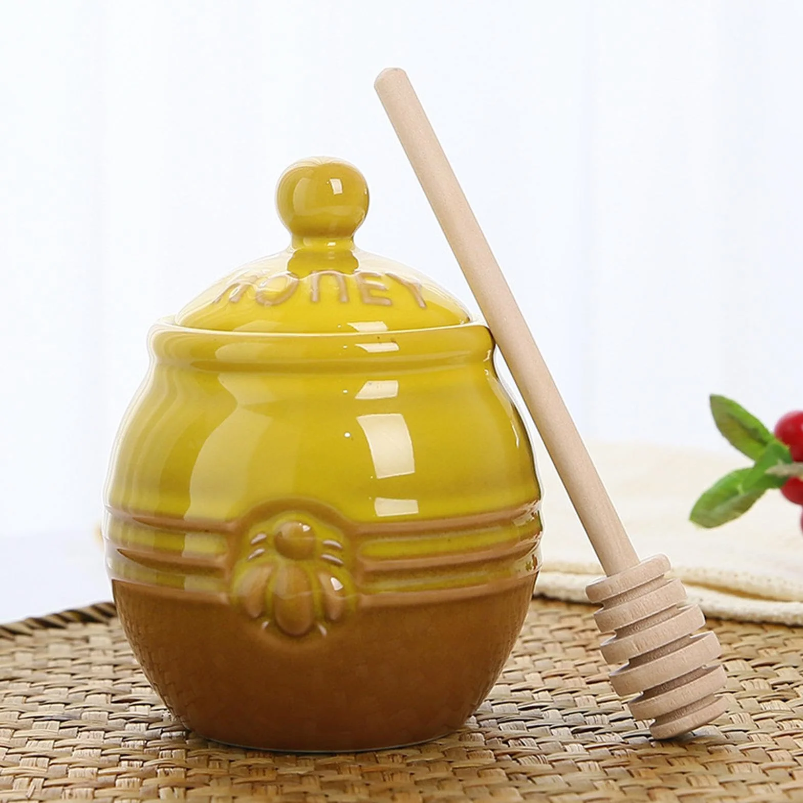 Porcelanowy garnek na miód, ceramiczny słoik na miód z drewnianym pojemnikiem