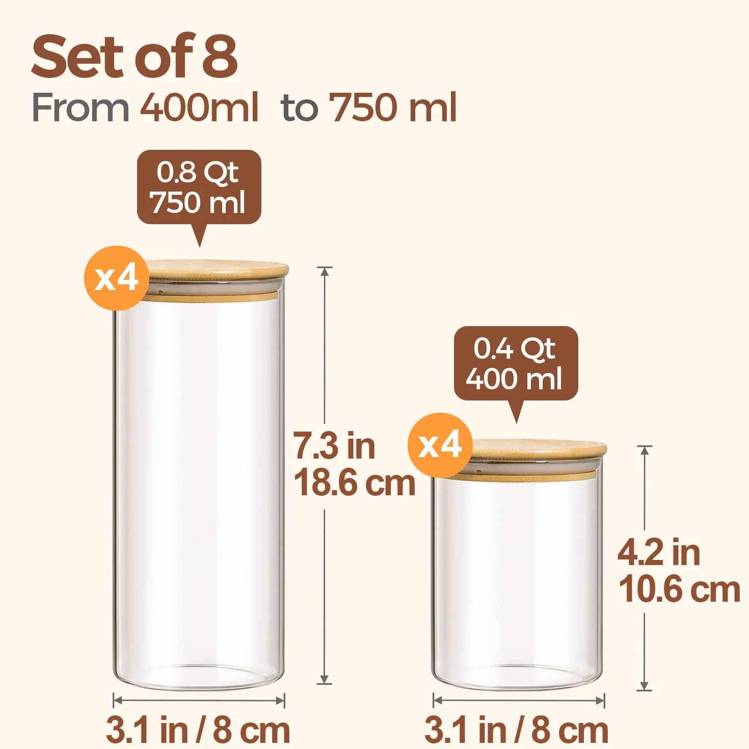 Comsaf Słoiki do Przechowywania, Szklane Słoiki z Bambusowymi Pokrywkami, 400-750 ml, Zestaw 8 Sztukik, Odpowiedni do Ściereczka Kuchenna, Mieszanka Orzechów, Mini Herbatniki