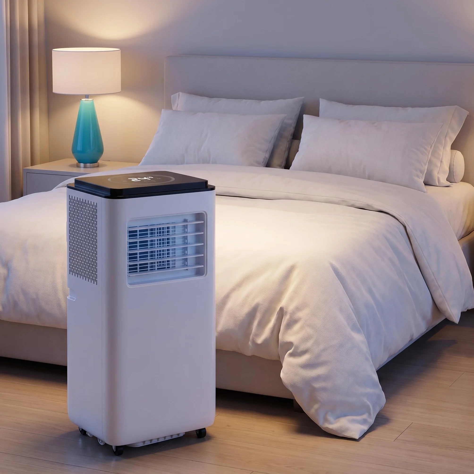 Przenośny klimatyzator 12000 BTU, pilot zdalnego sterowania, timer 24H, chłodzi 300 m2, oscylacja 120°, 2 prędkości, w zestawie zestaw instalacyjny