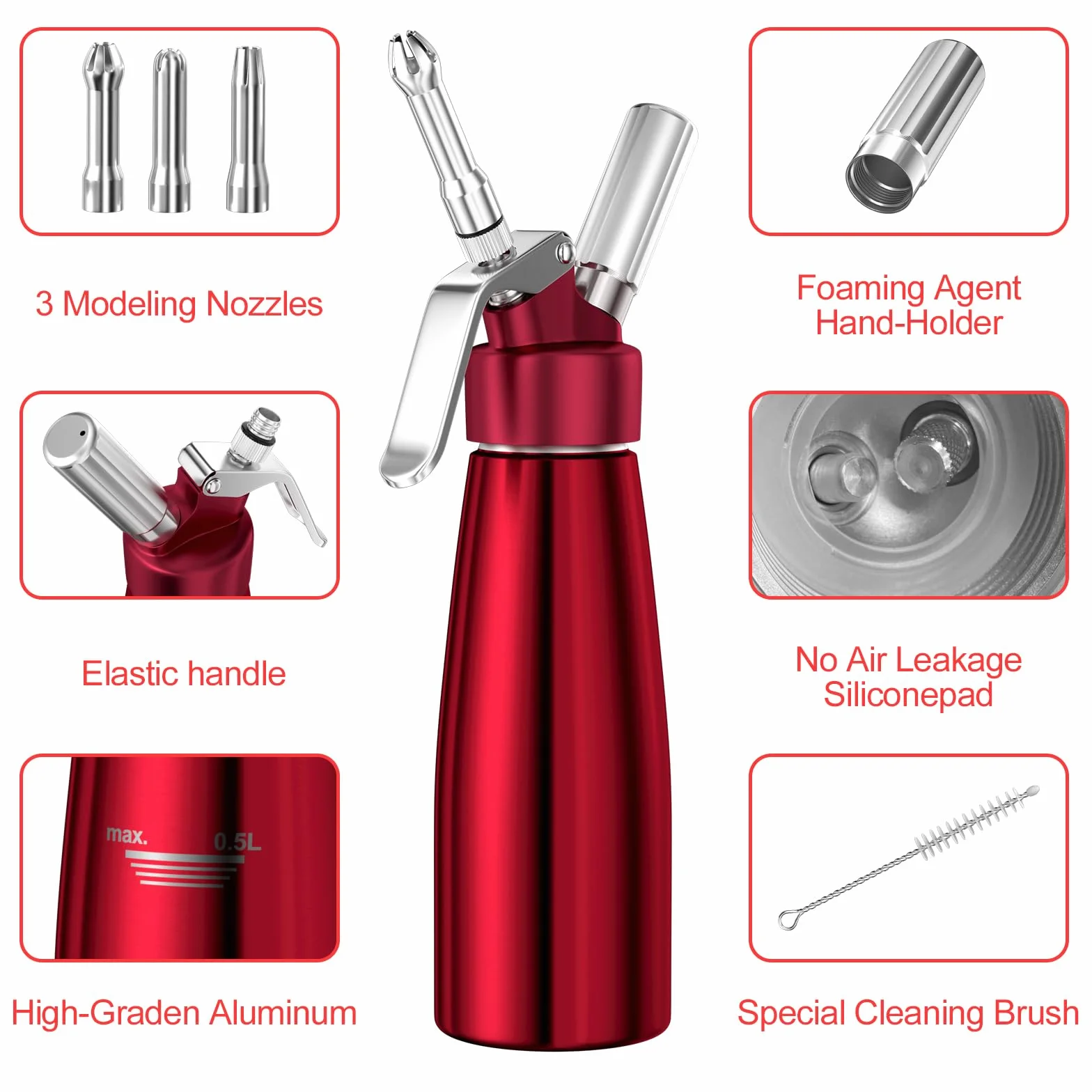Newaner Syfon do bitej śmietany 500 ml, z aluminium, z 3 końcówkami ze stali nierdzewnej, 1 szczotka do czyszczenia, do dekoracji tortów urodzinowych, ciast, lodów i deserów