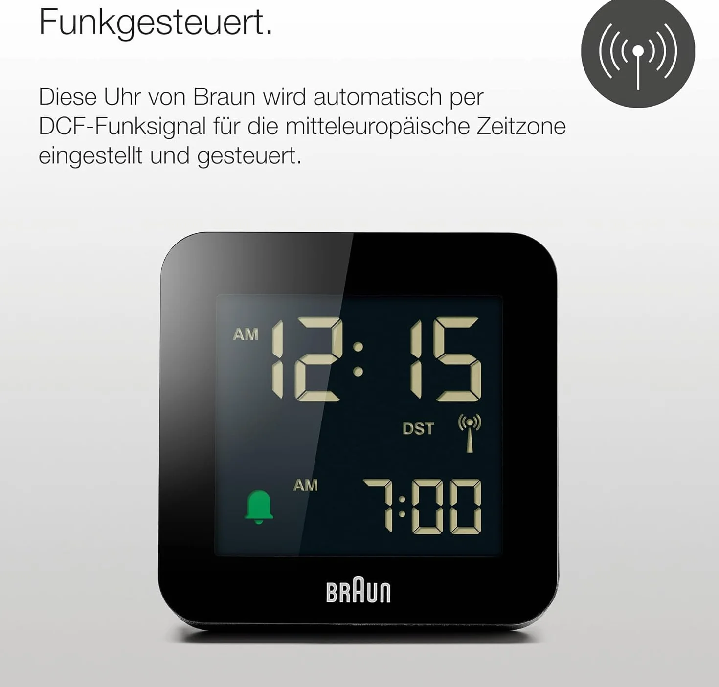 Braun Cyfrowy budzik, funkcja drzemki, ujemny wyświetlacz LCD, funkcja szybkiego ustawiania, alarm Crescendo, czarny, model BC09-DCF
