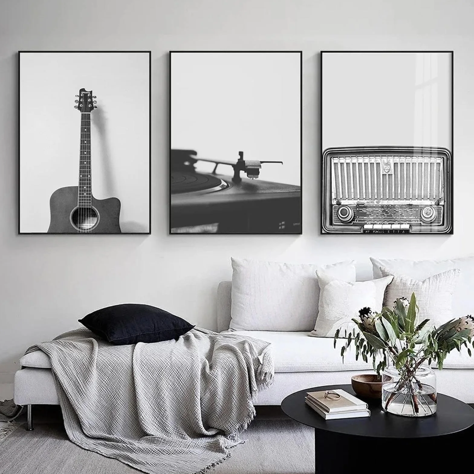 CHAOJIART 3 szt. czarno-białe akordy gitarowe muzyka obraz na płótnie plakat nadruk, płyta winylowa sztuka ścienna obraz, dekoracja pokoju domowego 60 x 80 cm (24 x 31 cali) x 3 bez ramy