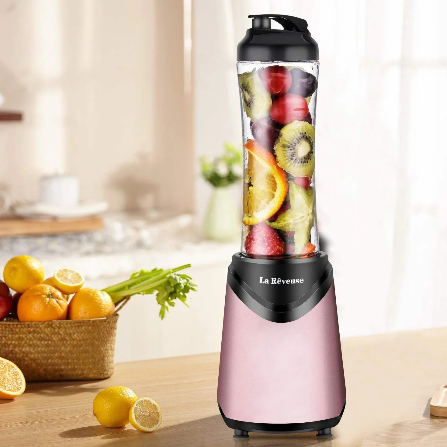 La Rêveuse Mix&Go mikser stojący do smoothie mikser elektryczny 300 W, osobisty rozmiar, 2 przenośne butelki sportowe bez BPA (550 ml), różowy