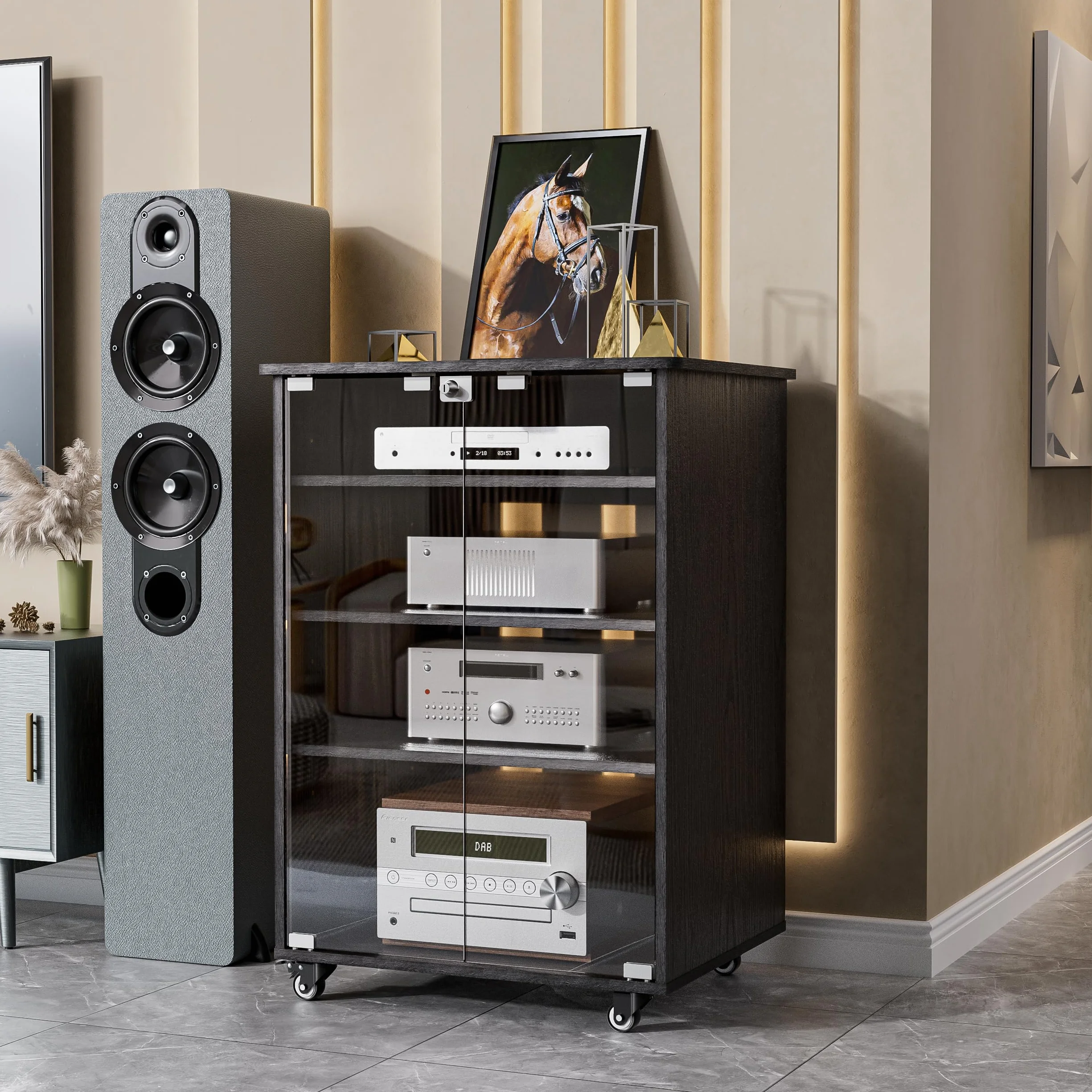 5-poziomowa szafka łańcuchowa HiFi z regulacją wysokości, nowoczesna wizualna szafka audio, mobilny uchwyt multimedialny AV, ze szklanymi drzwiami i kółkiem hamulcowym, do obudów DVD, kable do gier
