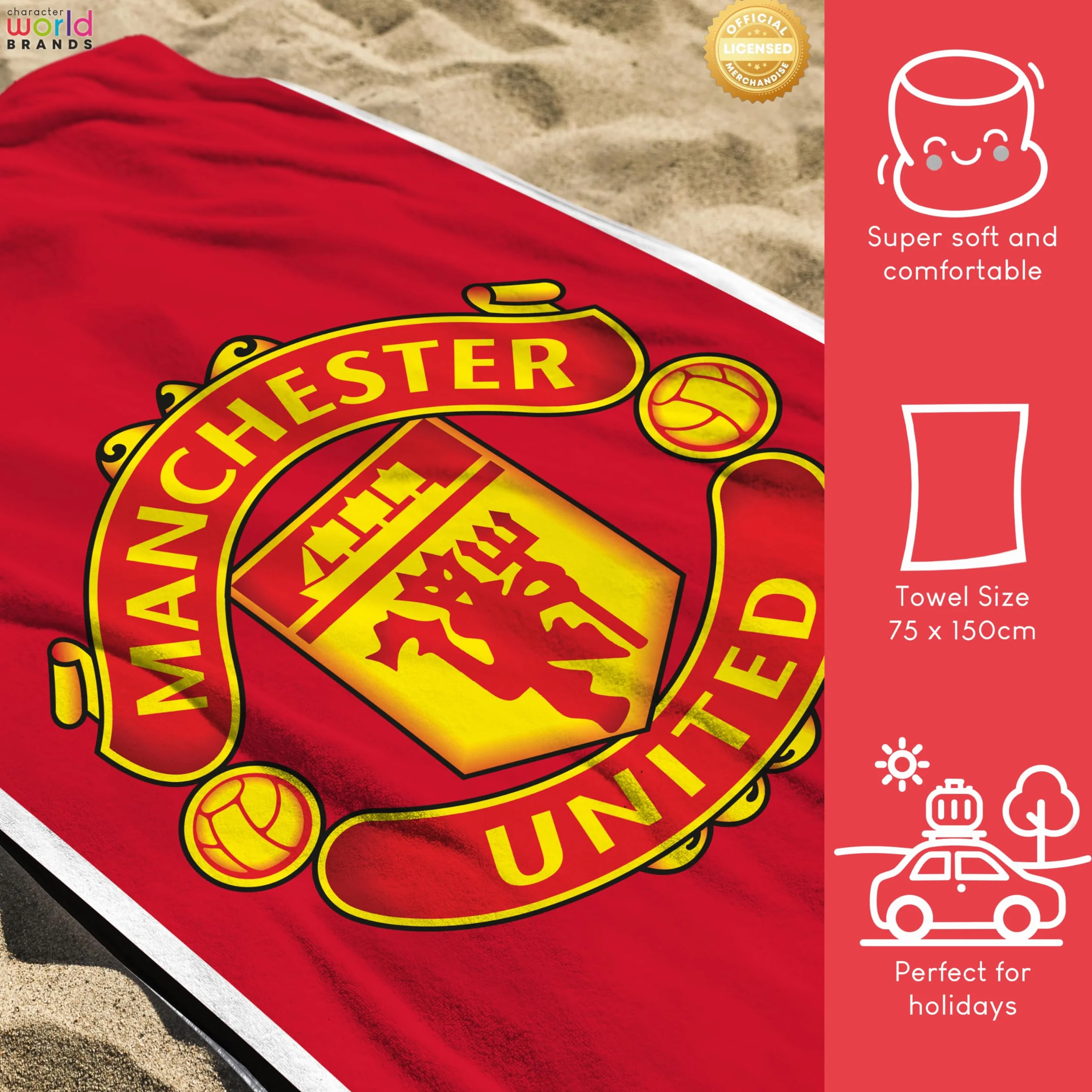 Manchester United Oficjalny ręcznik FC Character World, super miękki w dotyku, design klubu piłkarskiego | idealny do domu, wanny, plaży i basenu, jeden rozmiar 75 cm x 150 cm, 100% bawełna