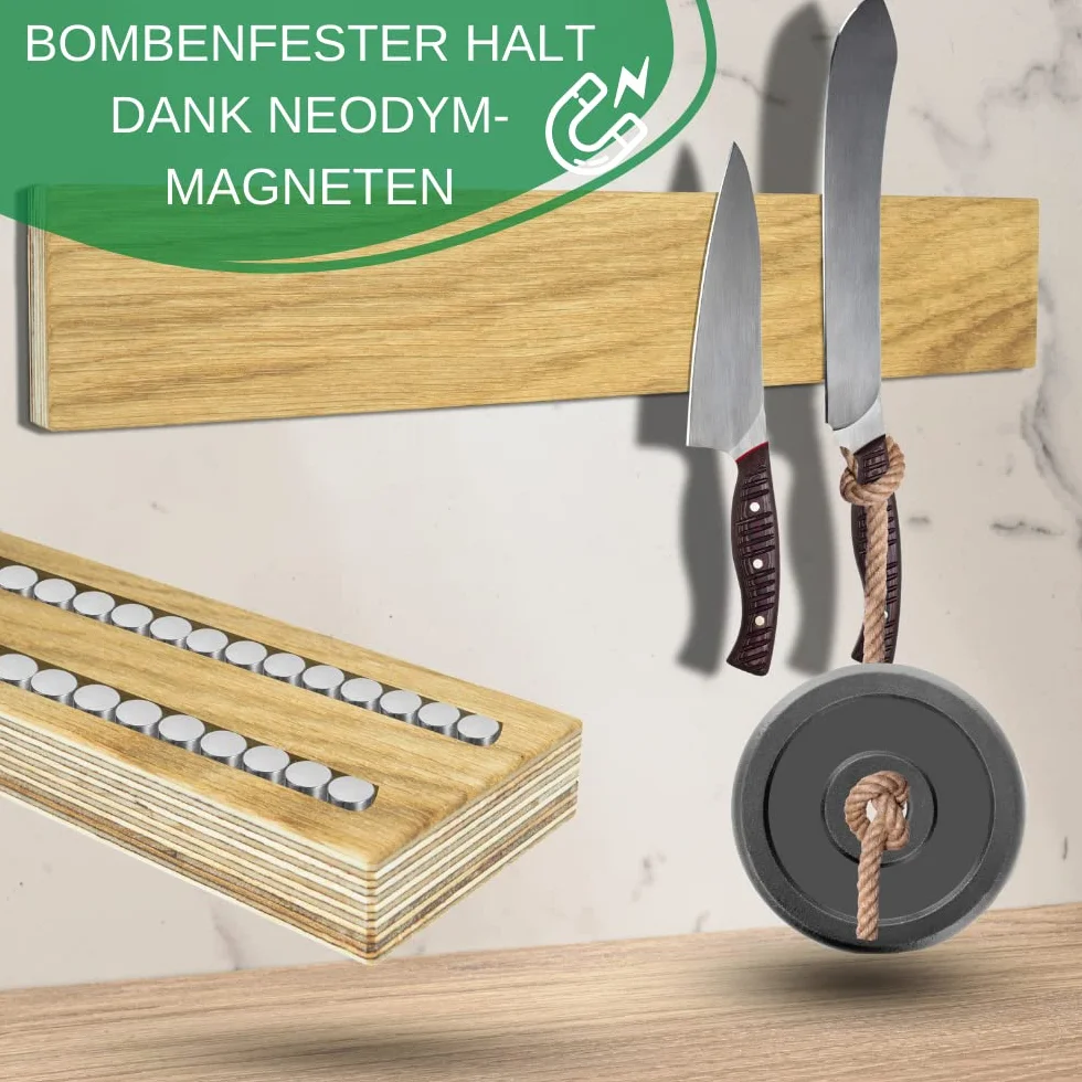 Thiru Listwa magnetyczna premium na noże – Made in Germany z ręcznego wykonania – bardzo mocny uchwyt na noże, magnetyczny z niemieckiego buku, dębu lub orzecha, 35 x 6 cm, w zestawie akcesoria