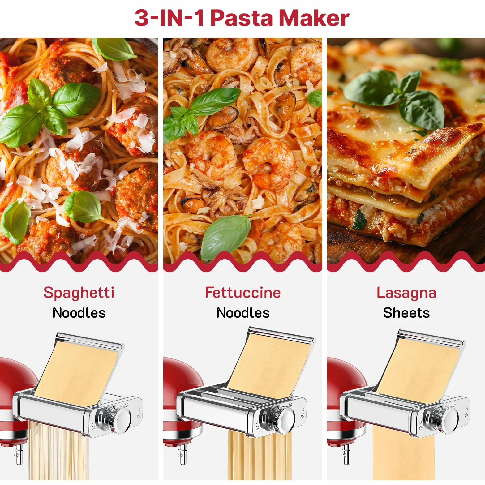 COFUN Akcesorium Przystawka do Makaronu 3 w 1 Wykonane ze Stali Nierdzewnej do Miksera Stojącego do KitchenAid,Krajalnica do fettuccine, spaghetti i wałek do makaronu, z płytką prowadzącą.