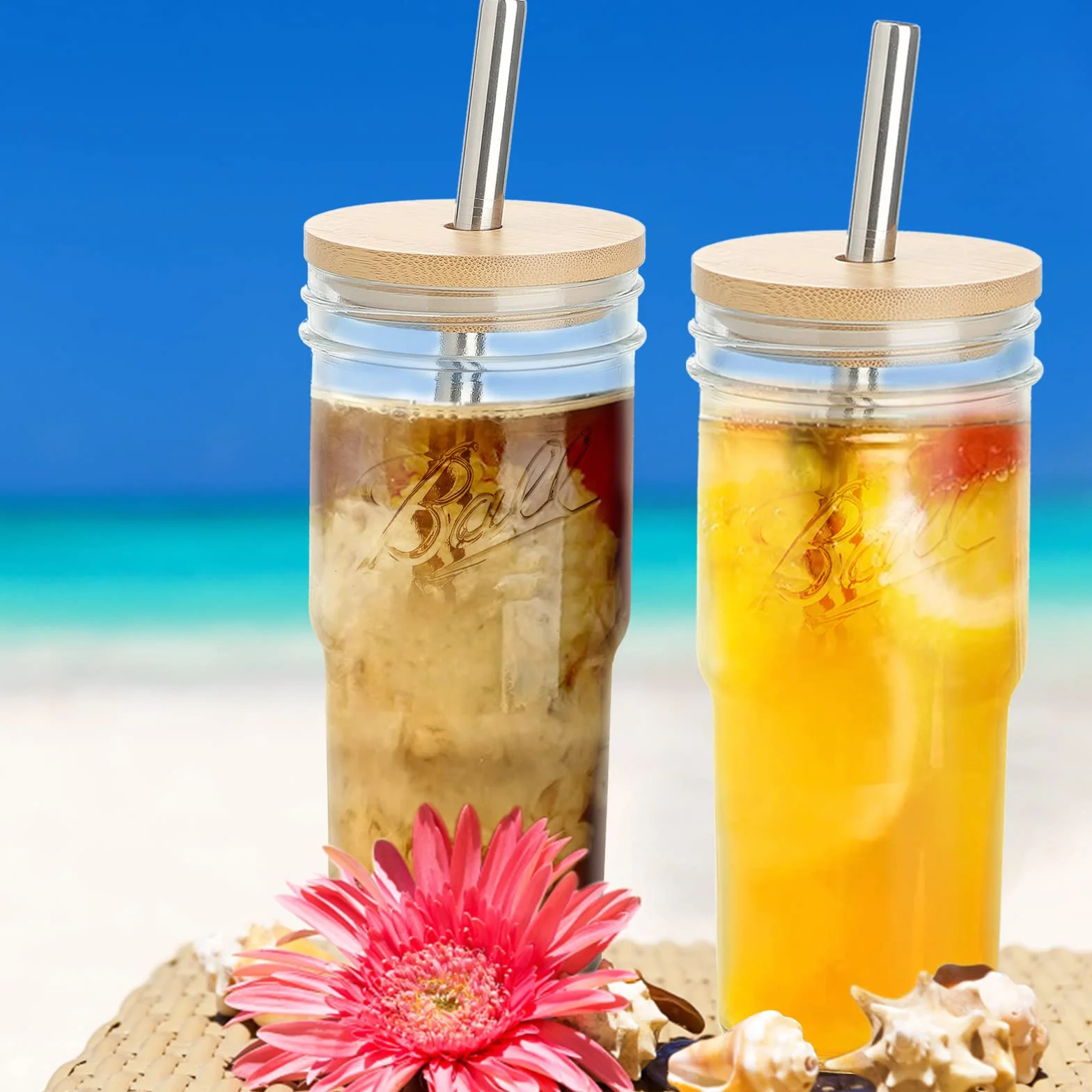 NFNSIG 4-pak 680 ml słoik z bambusowymi pokrywkami i słomkami ze stali nierdzewnej szeroki otwór kubek do kawy mrożonej wielokrotnego użytku kubki do smoothie do soku z herbaty Boba Bubble