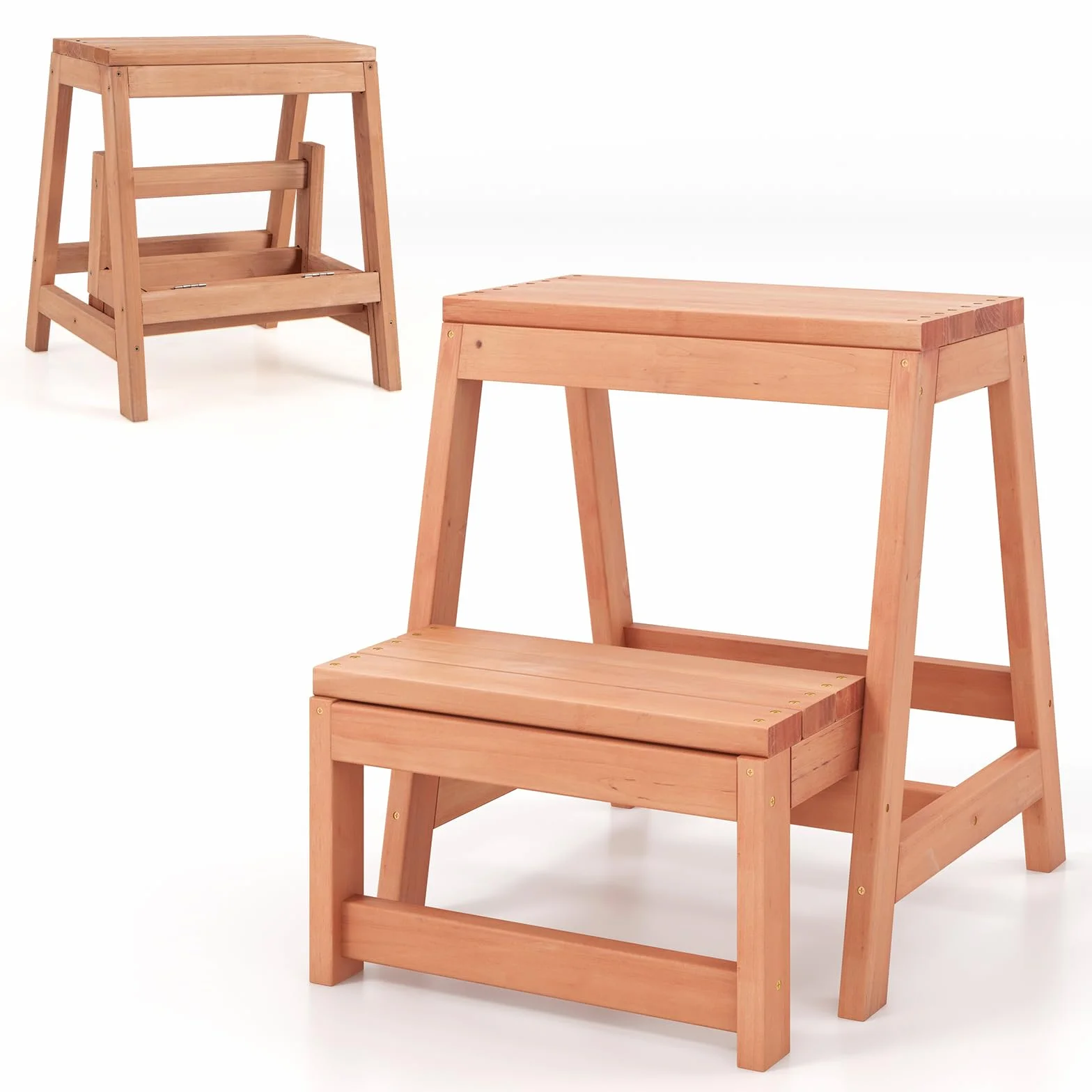 COSTWAY 2-stopniowy taboret składany, krzesło drabinkowe, obciążenie do 250 kg, drabinka z drewna świerkowego, drabina domowa, naturalna drabina do bibliotek lub domu, 50 x 39 x 45 cm