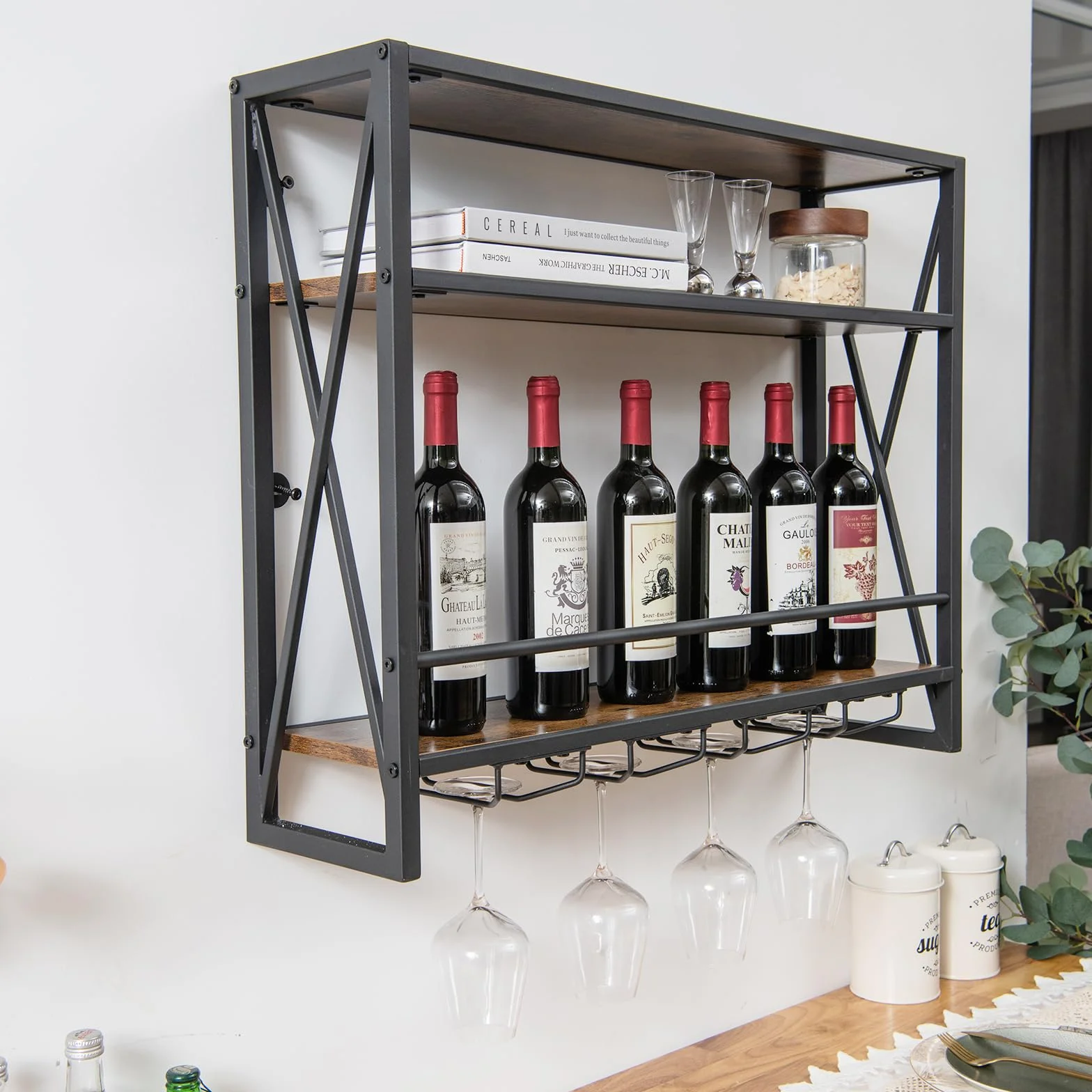 COSTWAY Regał ścienny na wino, 3 poziomy, z metalową ramą, 4 uchwytów na kieliszki, wzornictwo przemysłowe, idealny do domu, baru, kuchni, restauracji
