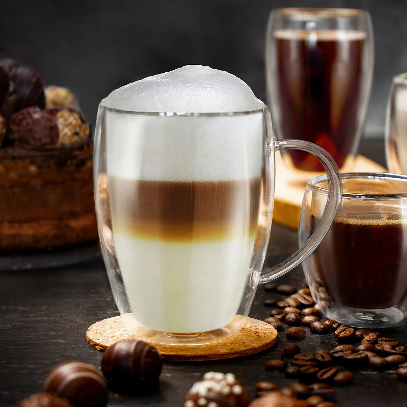 Creano Szklanki termiczne z podwójnymi ściankami, 400 ml, zestaw 8 sztuk, duże szklanki z podwójnymi ściankami, ze szkła borokrzemowego, szklanki do kawy, szklanki do herbaty, latte macchiato