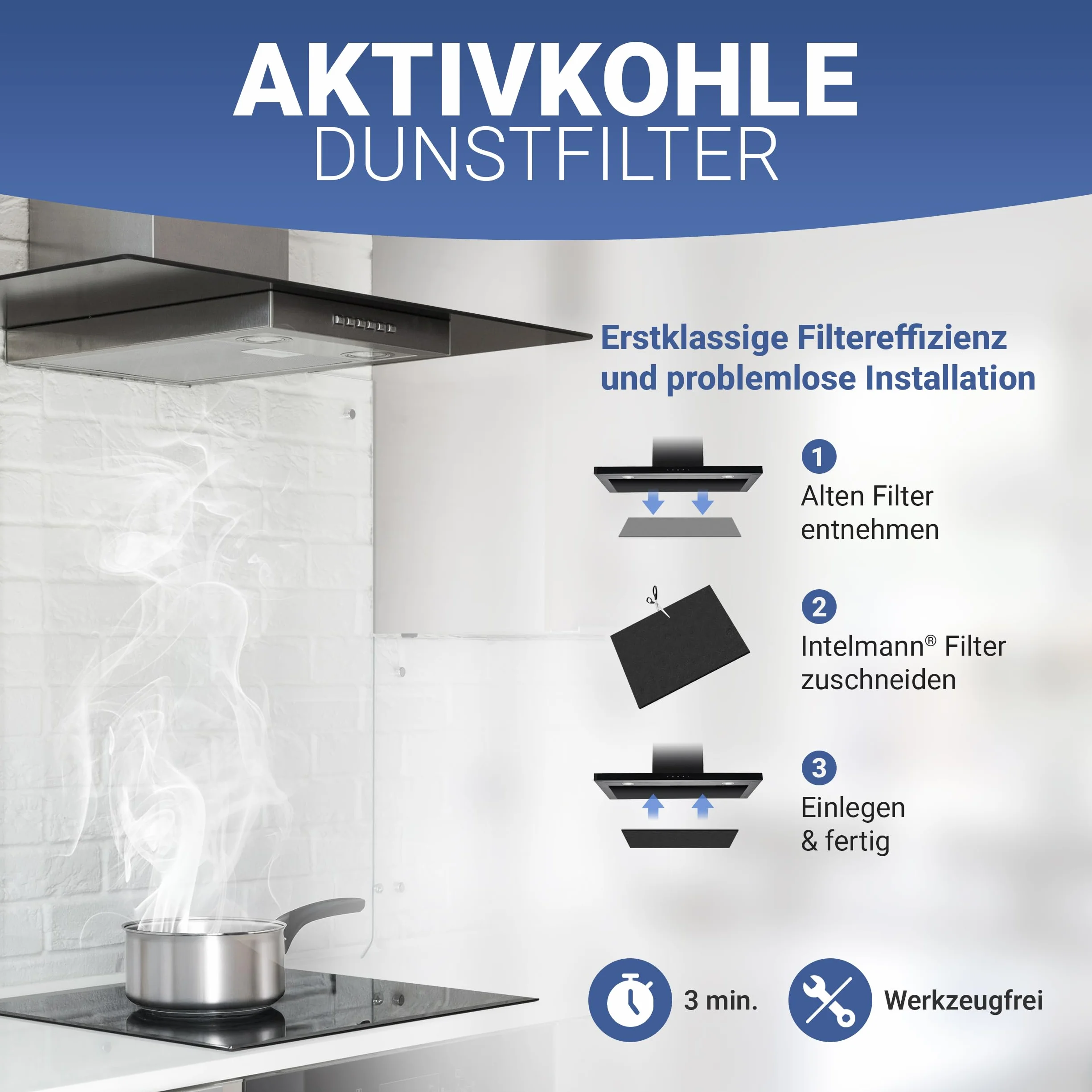 Intelmann® Uniwersalny filtr do okapów kuchennych z węglem aktywnym i filtrem tłuszczu, 57 x 47 cm, bardzo gruba warstwa węgla aktywnego, możliwość przycięcia, zapewnia niezawodne wchłanianie zapachu