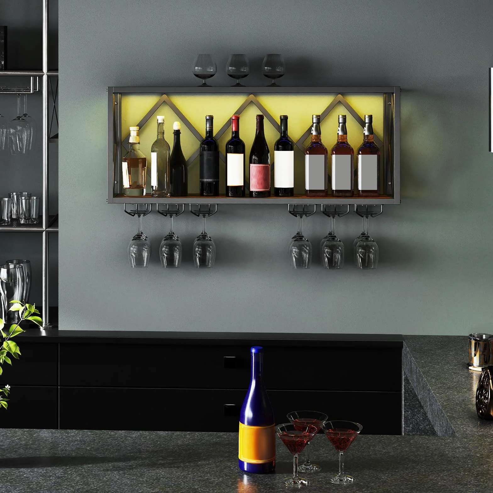 COSTWAY Regał na wino ścienny z oświetleniem LED, 2-poziomowy regał na butelki drewniany z metalowym rama, z 6 rzędami uchwytów na kieliszki do wina, design industrialny, idealny do domu, baru, kuchni