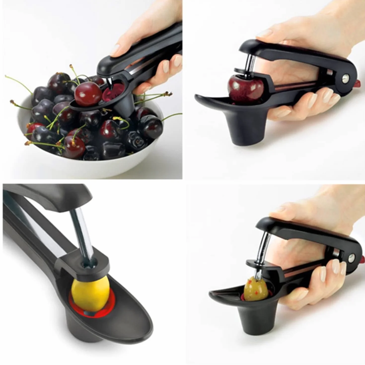 Cherry Pitter Tool, przenośny przyrząd do usuwania rdzenia wiśniowego z blokadą przestrzeni, stal nierdzewna (czarny)