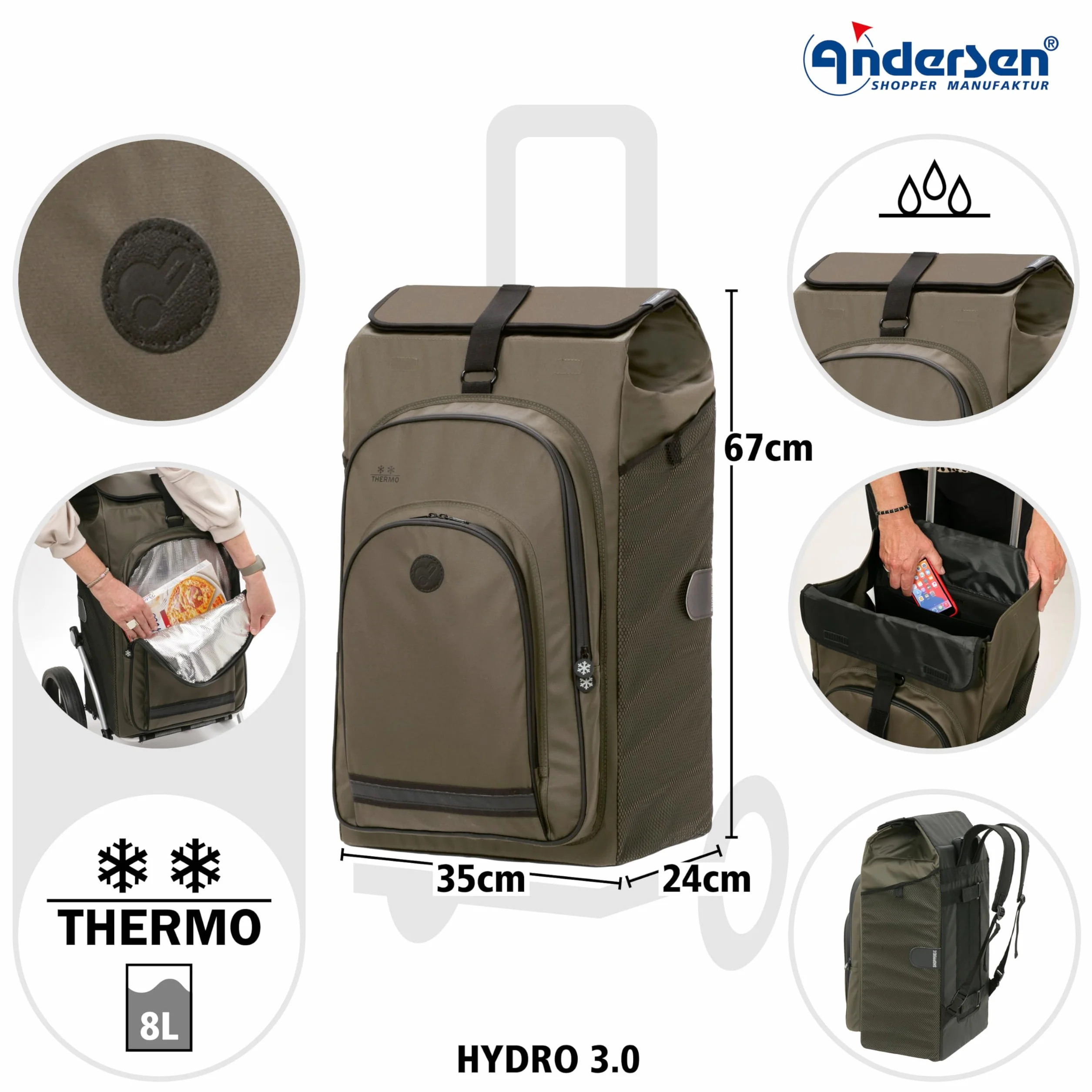 ANDERSEN Wózek na zakupy – Tura Shopper Hydro 3.0 Oliv 62 l Bike, wózek na zakupy, plecak, termiczny, aluminium, ergonomiczny uchwyt, składany, koło z łożyskiem kulkowym