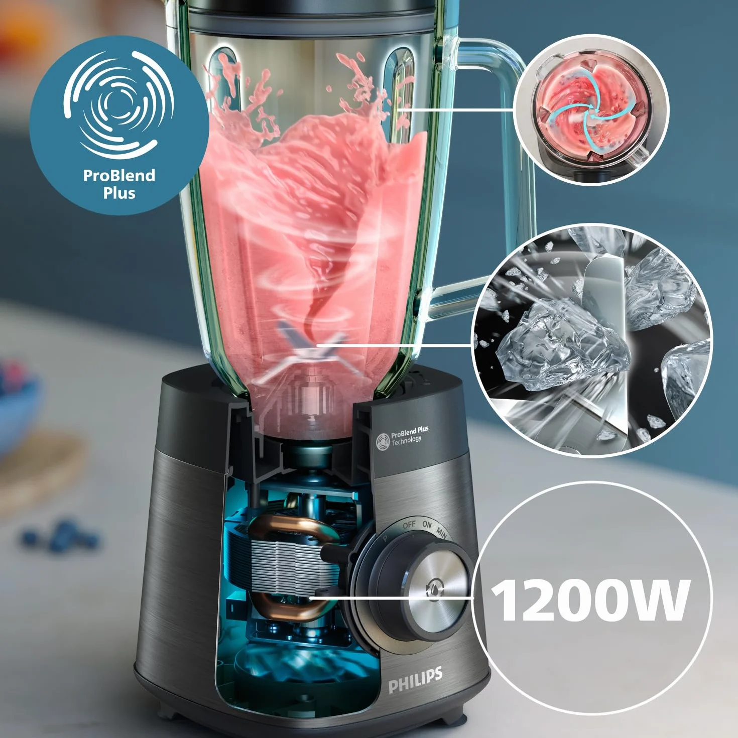 Philips Serii 5000 Blender, Silnik ProBlend Plus o Mocy 1200 W, Przygotowywanie Gęstych Koktajli z Mrożonych Owoców, Pojemność 2 Litry, Czyszczenie Bez Użycia Narzędzi, Czarny (HR3041/00)