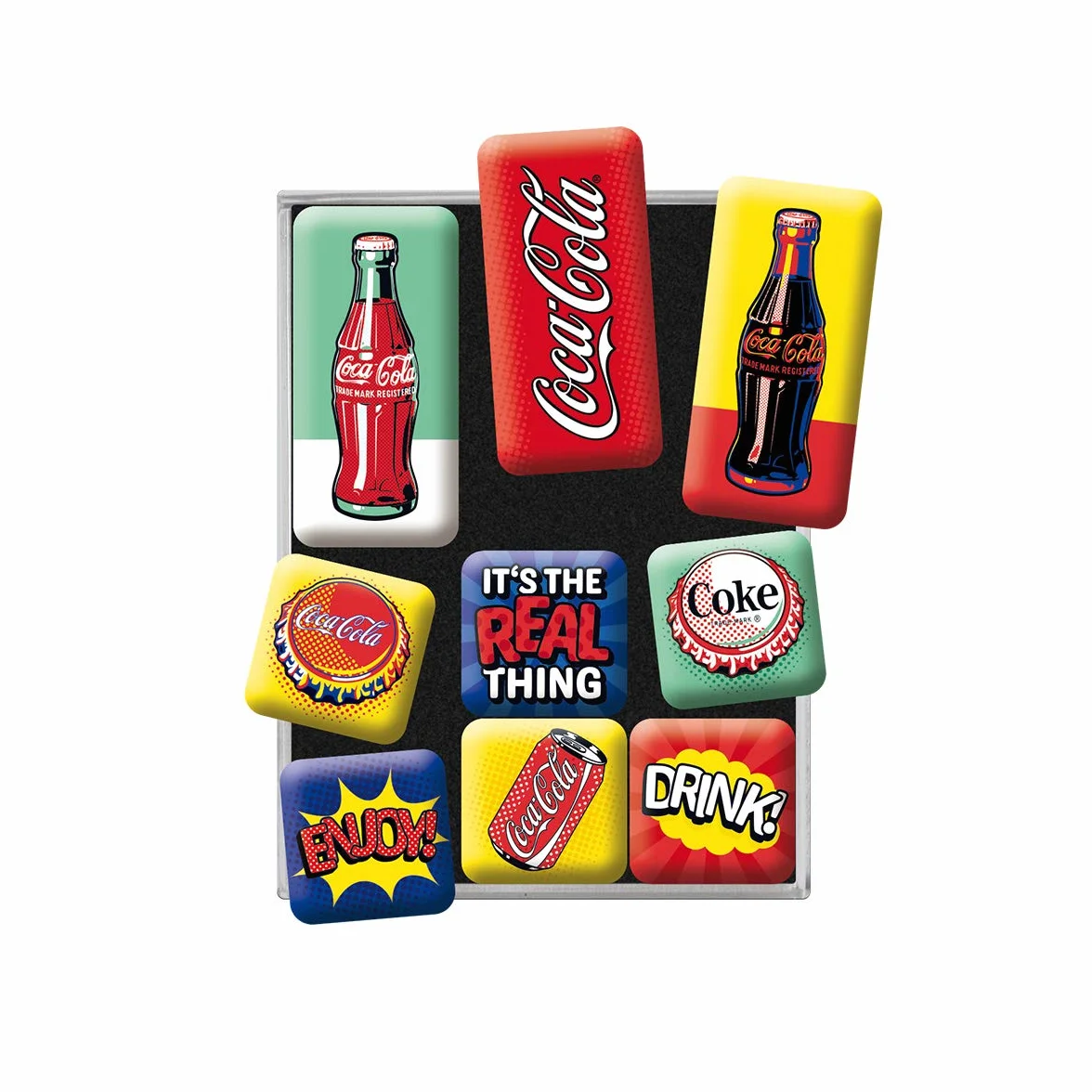 Nostalgic-Art Retro magnesy na lodówkę, 9 sztuk, Coca Cola – Pop Art – Pomysł na prezent dla miłośników Coca-Coli, Official License Product (OLP), zestaw magnesów, Styl vintage