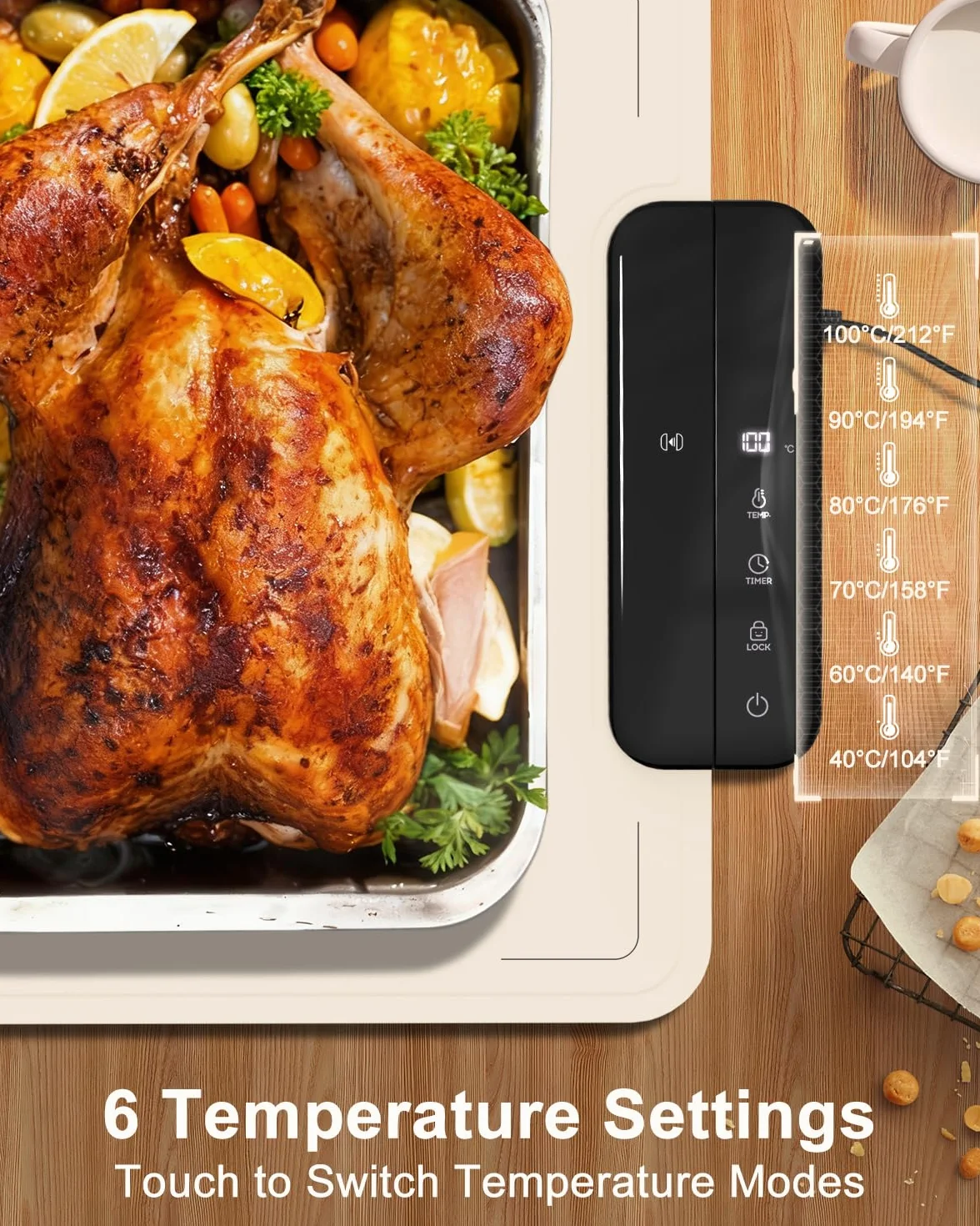 Food Warming elektryczna płyta grzewcza z silikonu do potraw | 6 poziomów temperatury (40-100°C), timer i zabezpieczenie przed dziećmi | przenośna mata grzewcza do bufetu, na imprezę i do