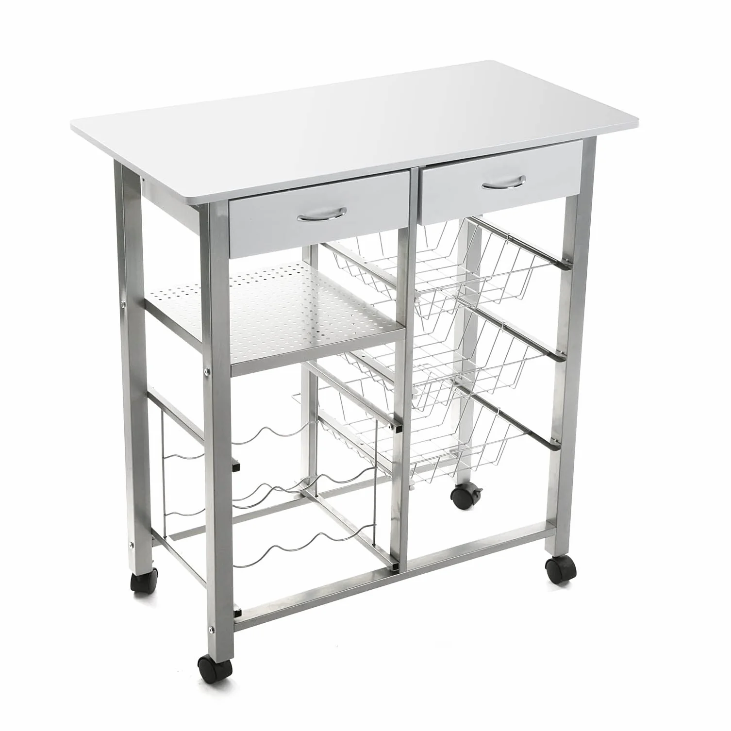 Versa Leicester wózek kuchenny z kółkami, szufladami i regałem na butelki, stojak na warzywa, półka kuchenna, wymiary (wys. x dł. x szer.) 82 x 40 x 76 cm, drewno i metal, kolor: biały