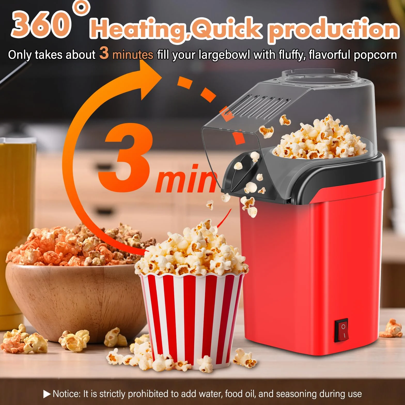 Aissom Maszyna do popcornu 1200 W, urządzenie do robienia popcornu na gorące powietrze, bez tłuszczu, 3 minuty, obsługa jednym dotknięciem, do oglądania filmów w domu i na Boże Narodzenie