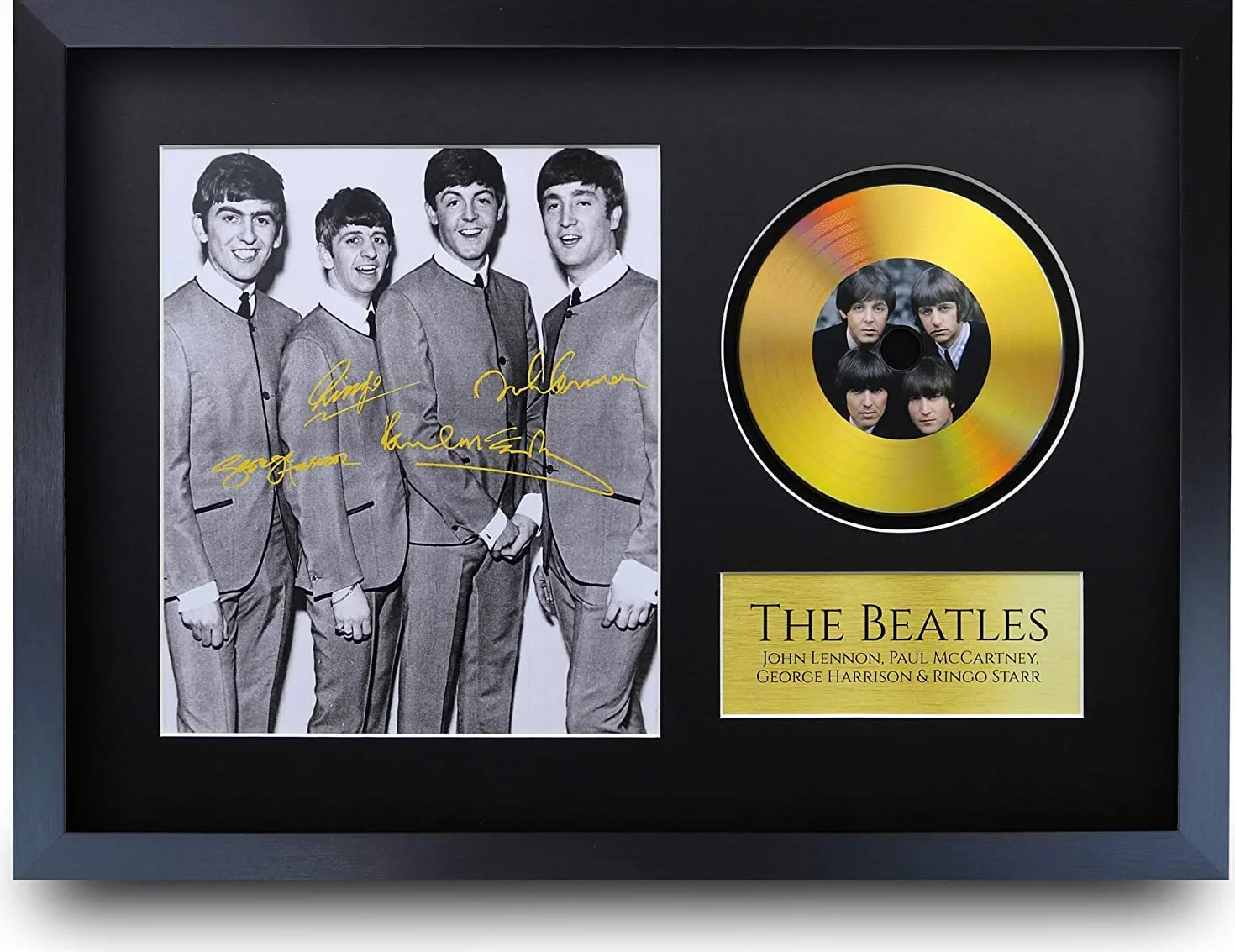 HWC Trading A3 FR The Beatles John Lennon Paul McCartney George Harrison Ringo prezenty podpisany autograf zdjęcie ze złotym nadrukiem obrazu dysku dla fanów pamięci muzyki - A3 oprawiony