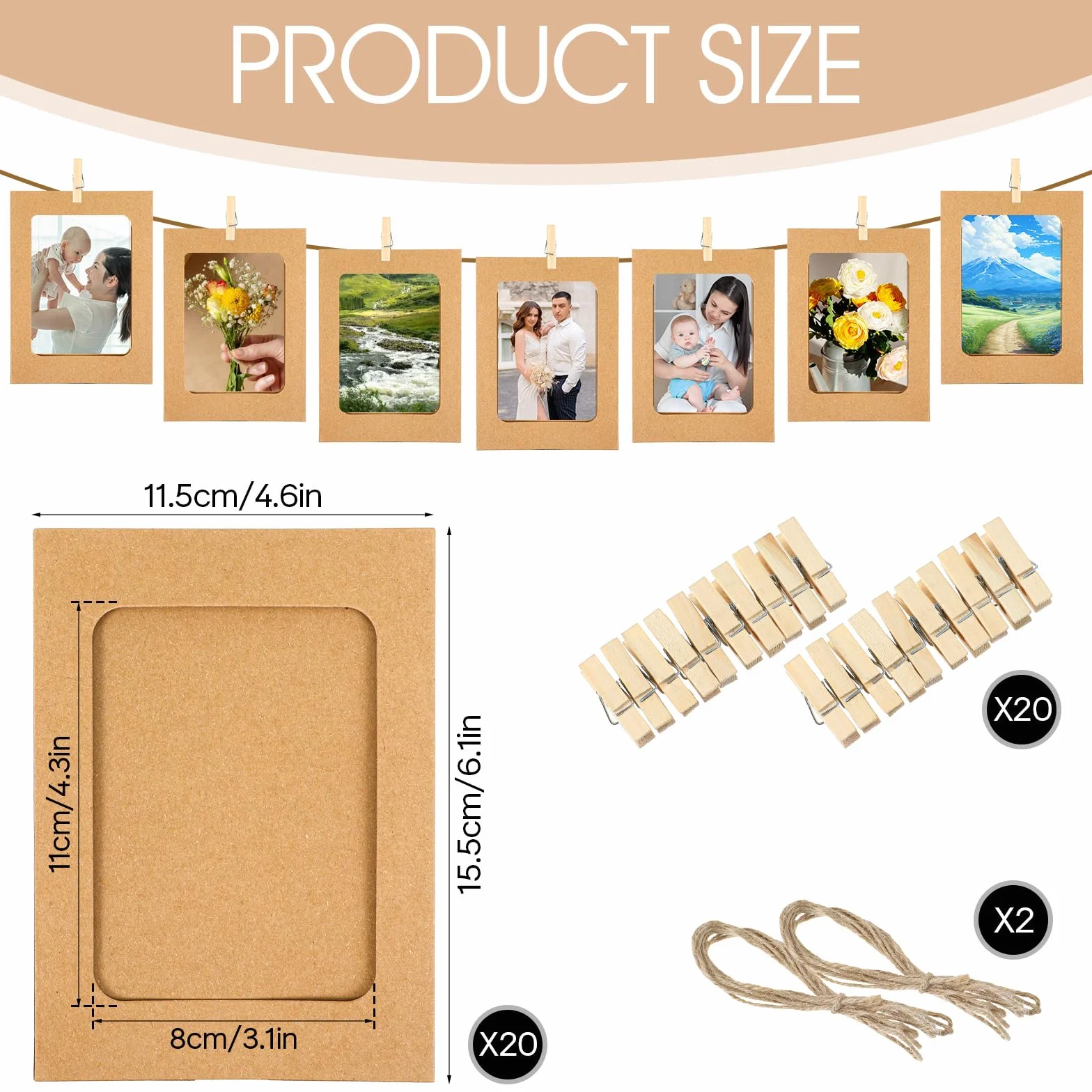 Ouligay 20 sztuk papierowych ramek na zdjęcia 10 x 15 cm, papierowe ramki na zdjęcia, do zawieszenia, z 20 drewnianymi klamerkami i 2 linkami konopnymi, girlanda na zdjęcia na urodziny, wesele