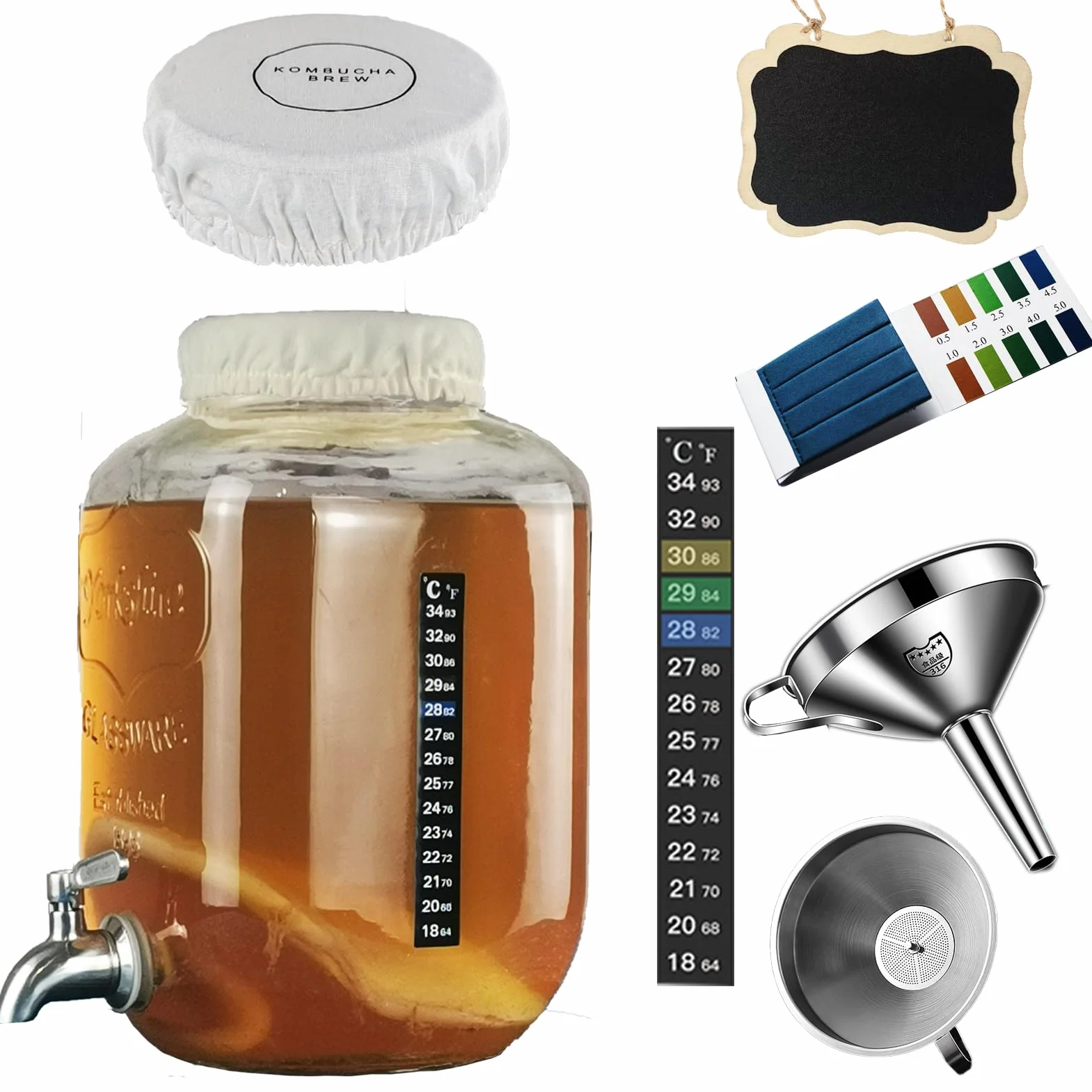 Zestaw do kombuchy 5,0L – fermentor szklany z kranem, lejek, ściereczka, naklejka termiczna, papiery pH