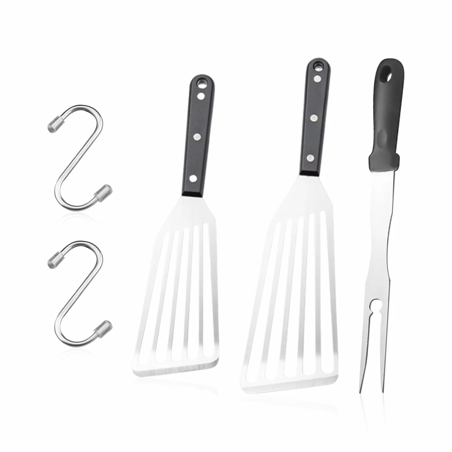 2 sztuki łopatek do patelni, 2 sztuki, haczyki, 1 widelec, metalowa szpatułka, metalowa szpatułka, szpatułka do filetów rybnych, łopatka do obracania jaj, szpatułka do steków, szpatułka do steków