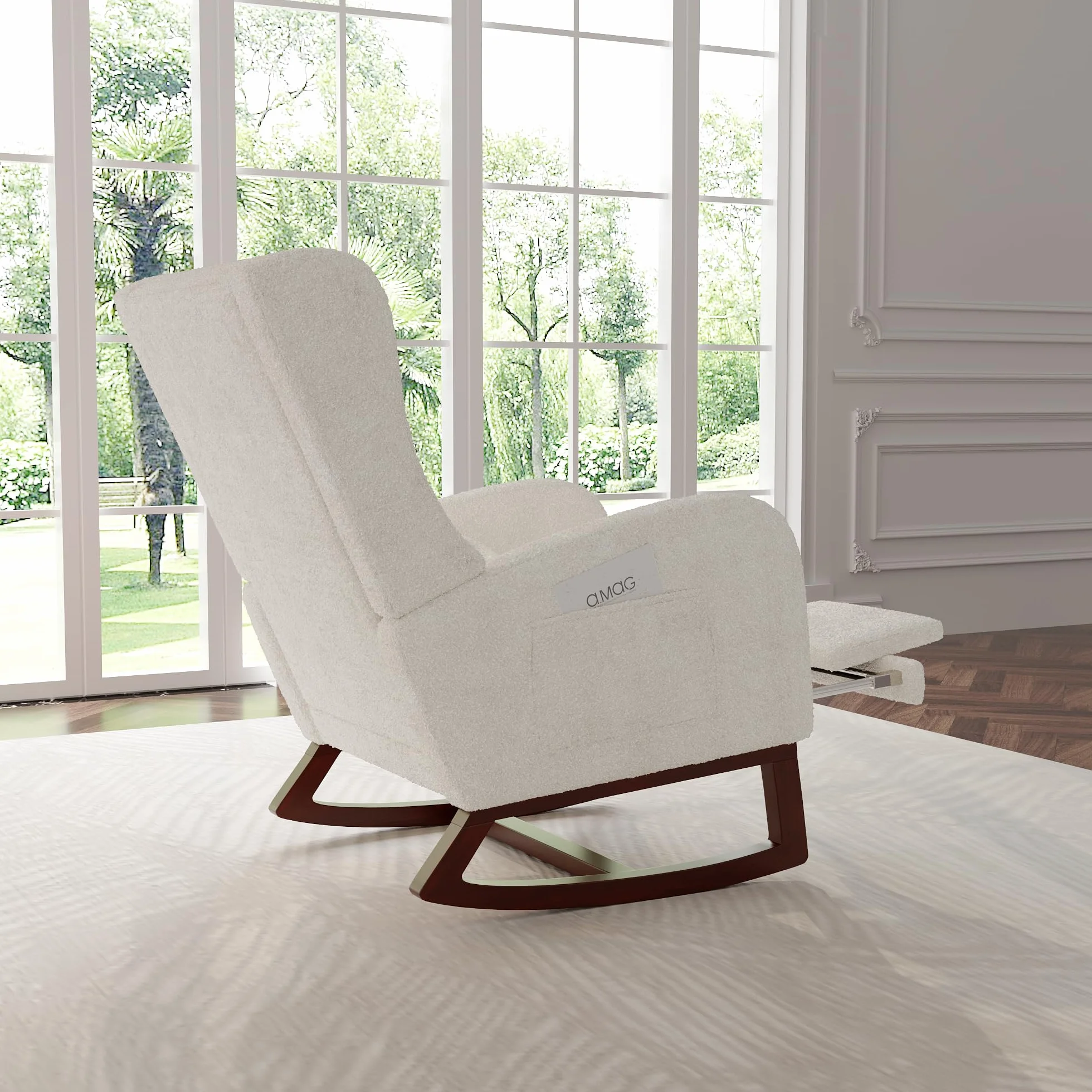 Accent fotel bujany z podstawą z litego drewna, nowoczesny, wygodny fotel tapicerowany z poduszką pod plecy i zwiewnym podnóżkiem, sofa, bujany z boczną kieszenią, do domu (Sherpa Boucle,