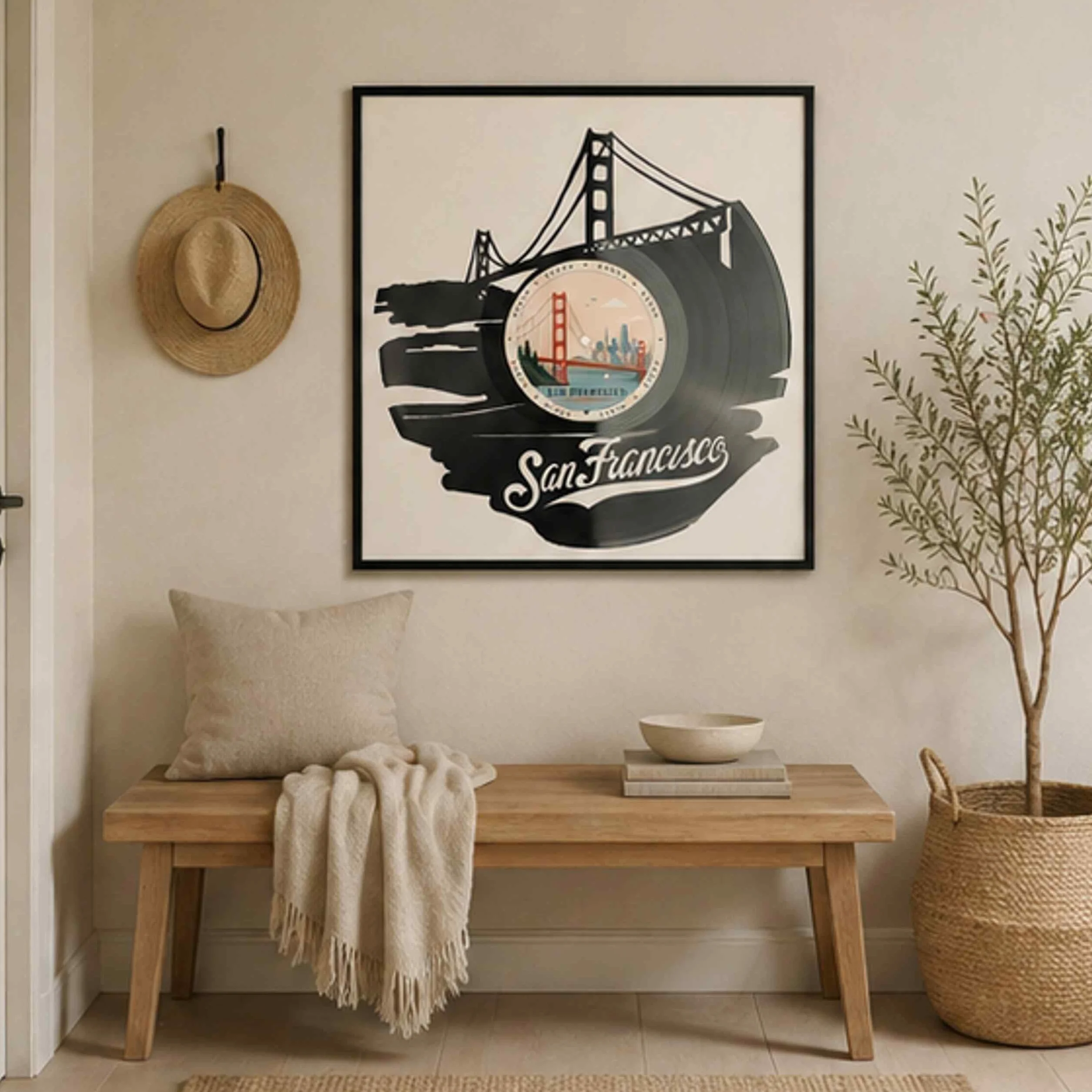 EVEVO Dekoracja ścienna z płyty gramofonowej w ramie 32 x 32 cm San Francisco - winylowa sztuka ścienna Kalifornia, prezent dla fanów USA, podróżników