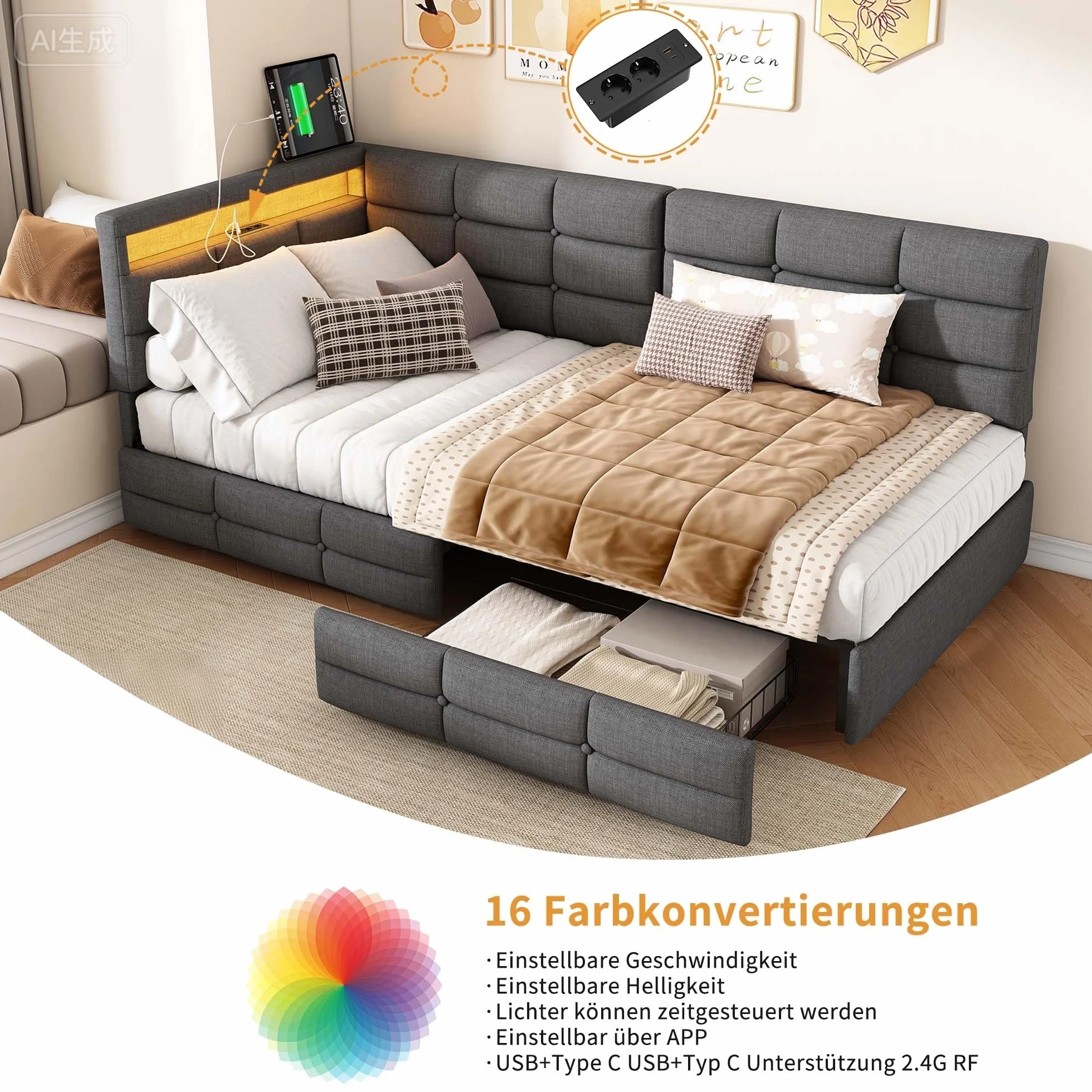 Sofa z funkcją spania w kształcie L 90x200 z 2 szufladami USB/Typ C LED