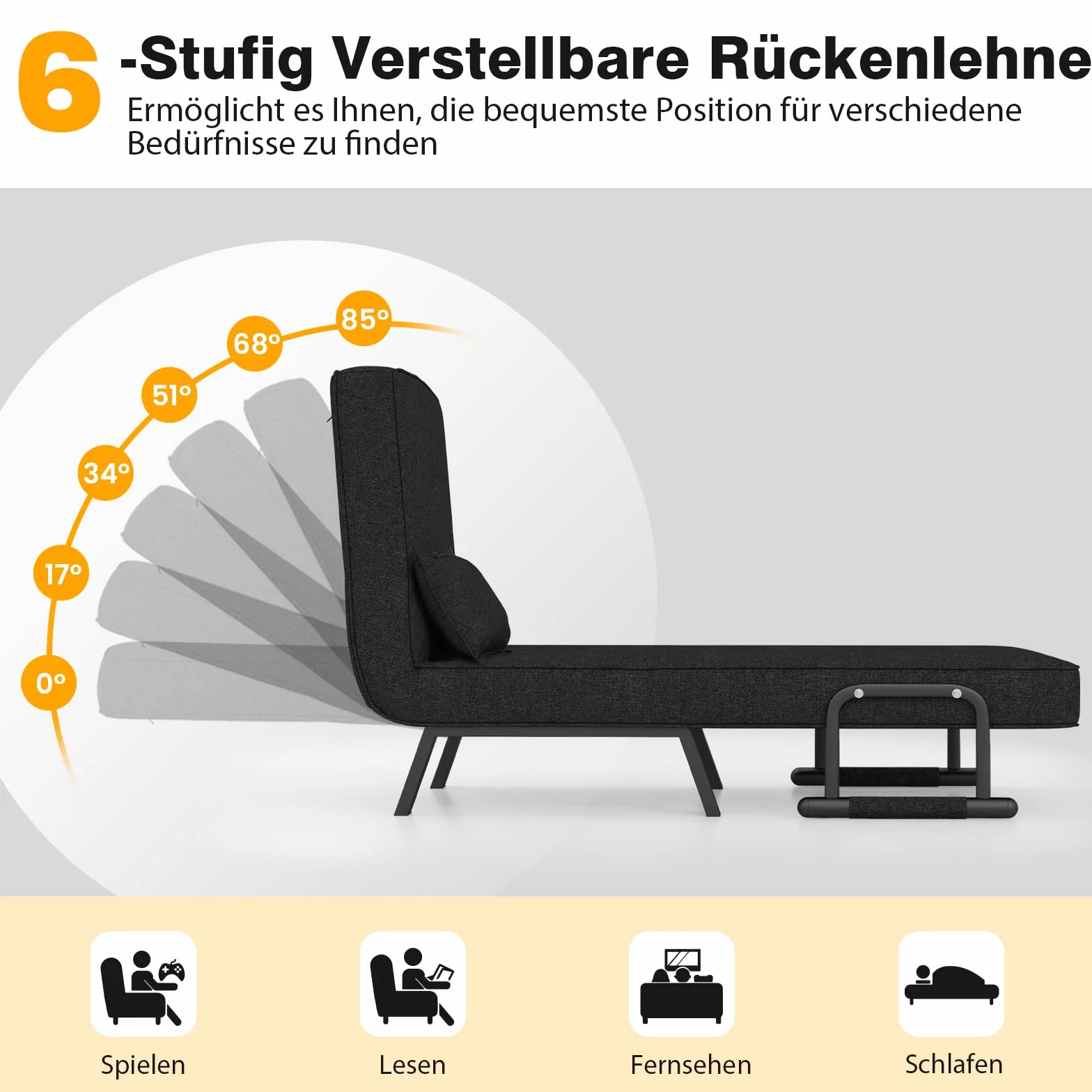 GOPLUS 4 w 1 fotel do spania z funkcją łóżka, sofa do spania z 6-stopniową regulacją oparcia i zdejmowanym poduszkiem, fotel relaksacyjny, rozkładana sofa do łóżka, składany do domu i biura (czarny)